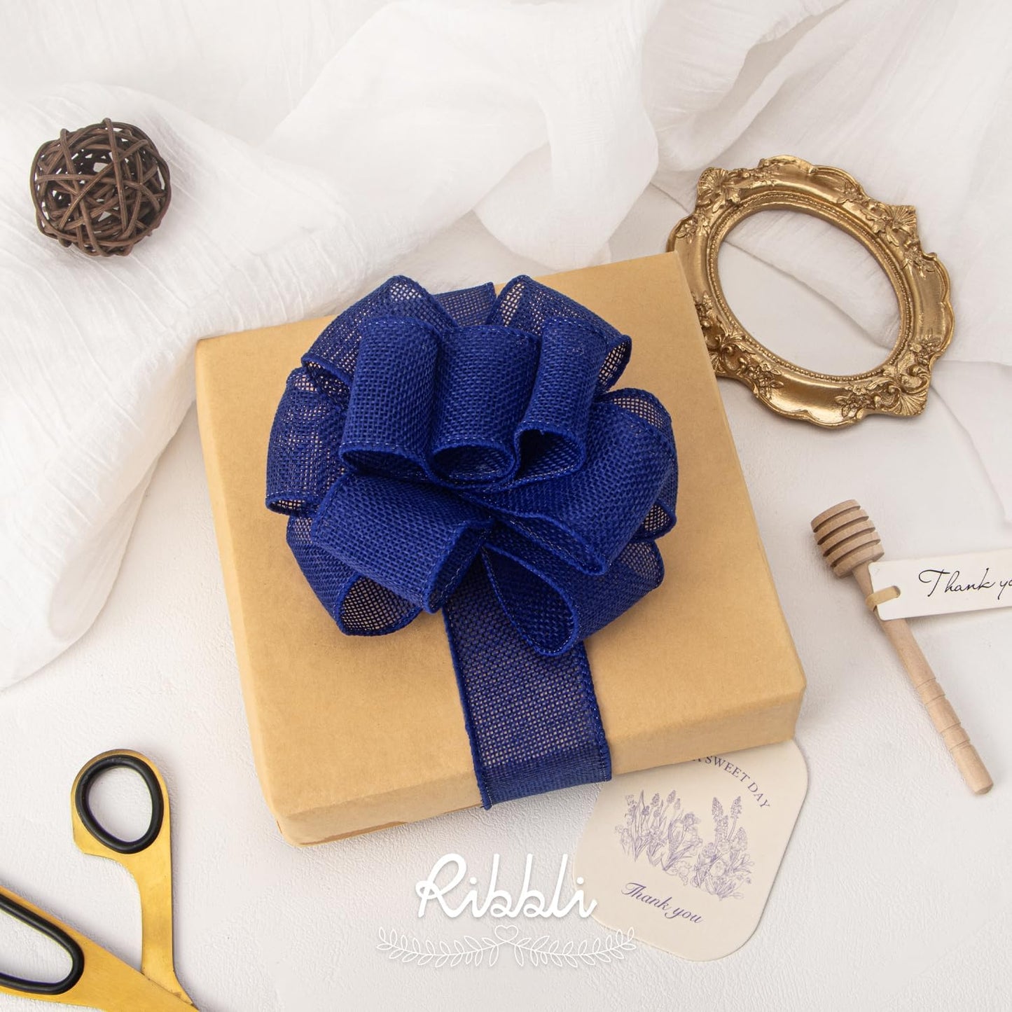 Ribbli Royal Blue Burlap Wired Ribbon, 1-1/2” Inch x Continuous 20 Yard, Blue Wired Ribbon for Wreaths,Big Bows,Tree Decoration,Outdoor Decoration