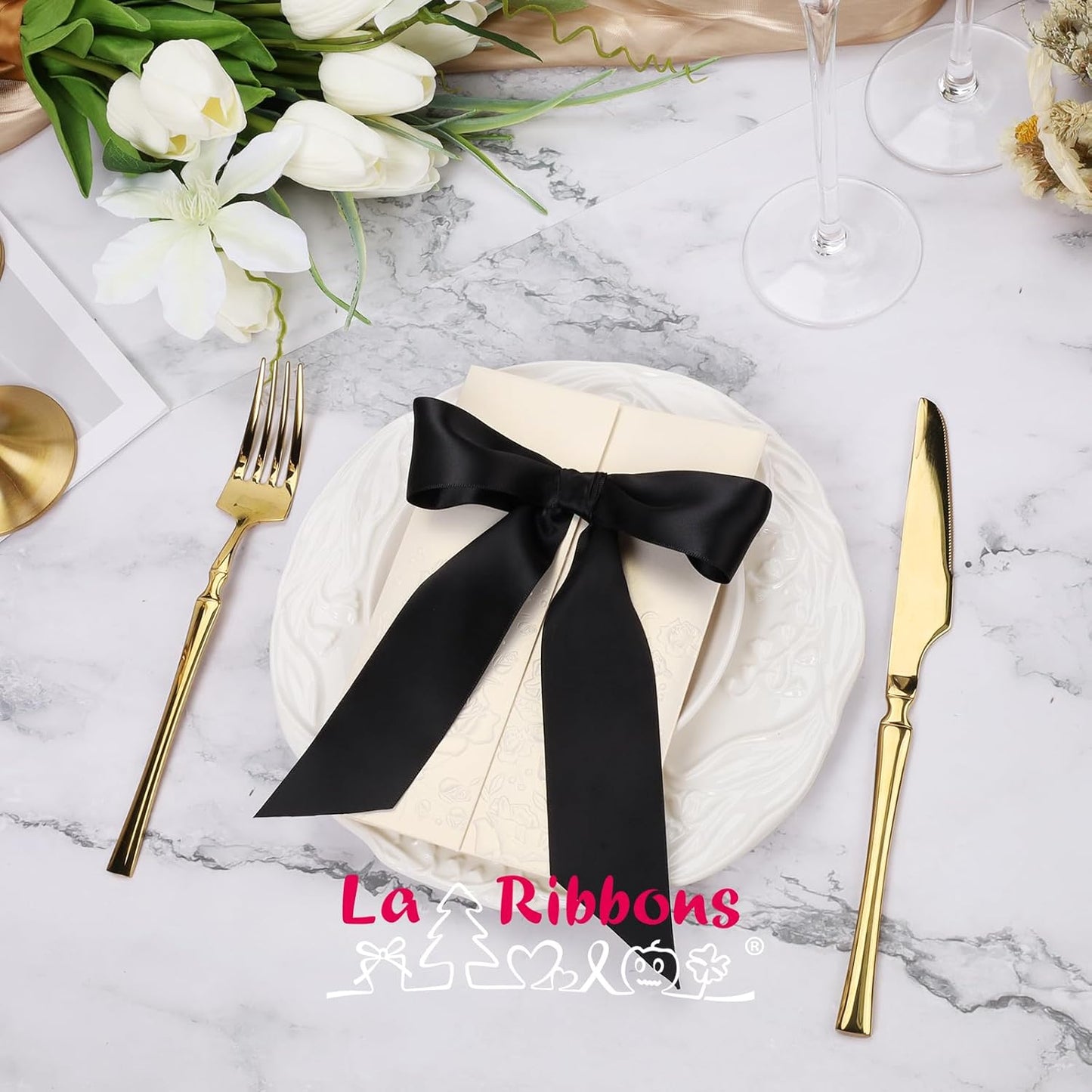 LaRibbons 1 1/2 Inch 25 Yard Double Faced Satin Ribbon,Black Satin Craft Fabric Ribbon for Gift Wrapping Floral Bouquets Wedding Party Decoration