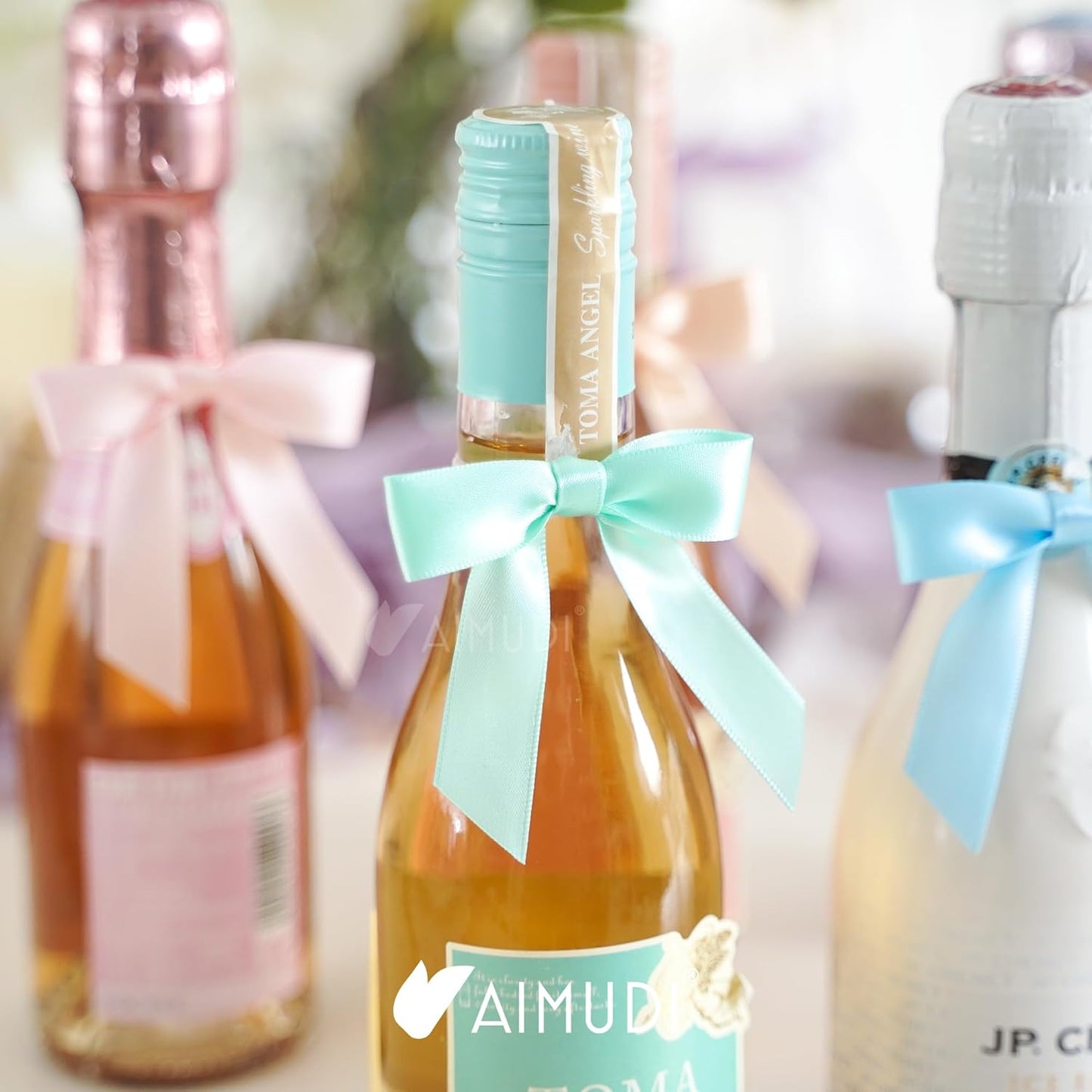 AIMUDI Pastel Bows 2.5" Satin Twist Tie Bows for Gift Wrapping Premade Satin Bow for Making Crafts Treat Bag Baby Shower Birthday Party Wedding Easter Decoration, 60 PCs