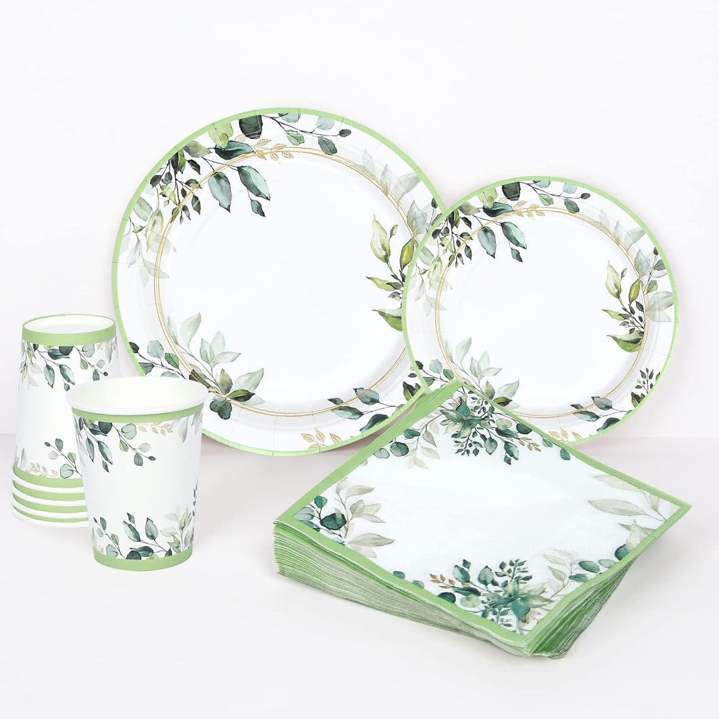 Green Party Plates Supplies, Sage Green Paper Eucalyptus Leaf Plates and Napkins, Disposable Tableware, Cups, Napkins for Jungle Boho Party,Baby Shower, Bridal Shower, Birthday Supplies Serve 24