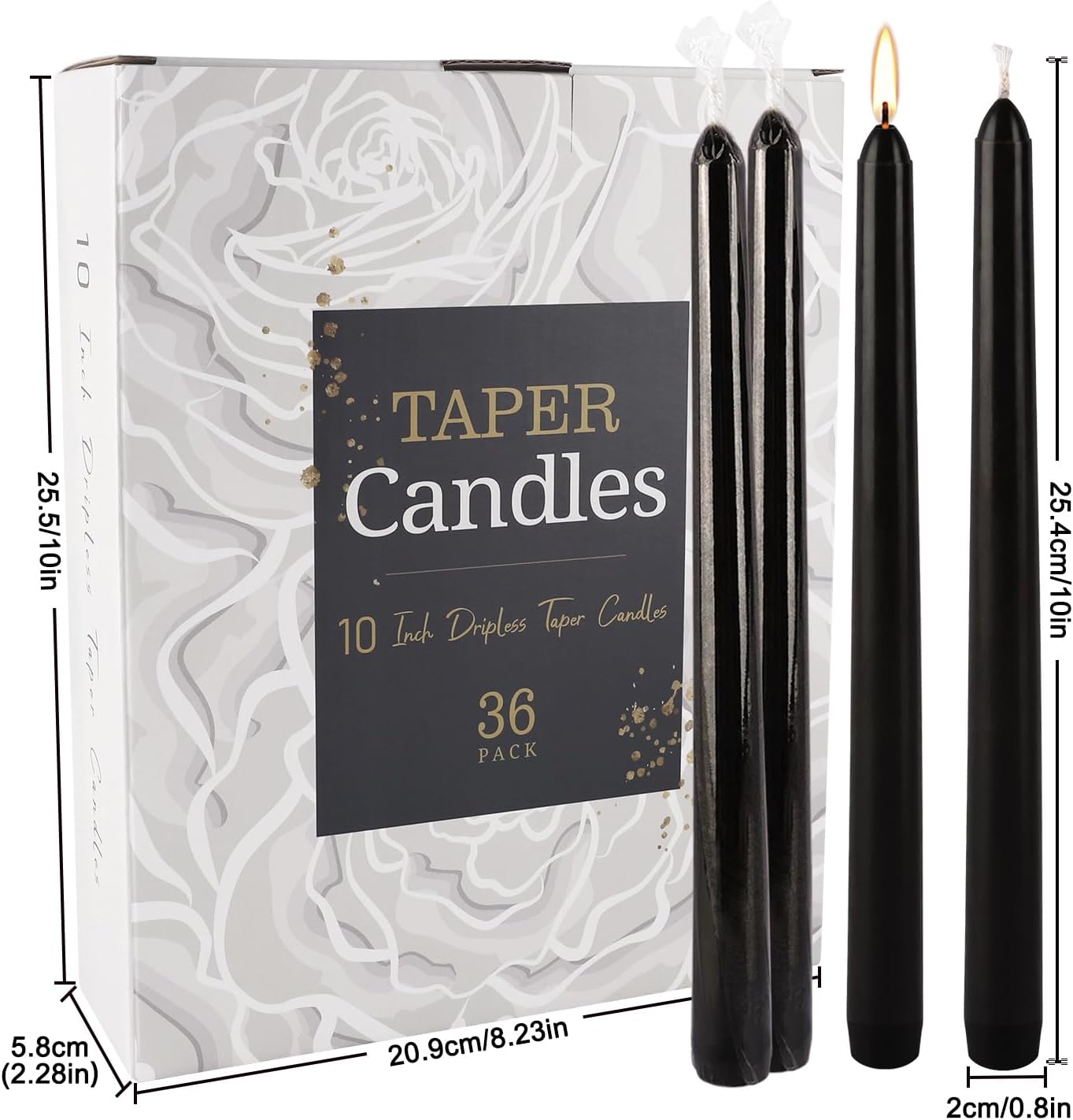 36-Pack 10-Inch Black Taper Candles - Drip-Free Unscented, Long Burning for Dinner Parties, Halloween, Home Decor, Spells & Rituals, Meditation, Prayer (25.4 cm)