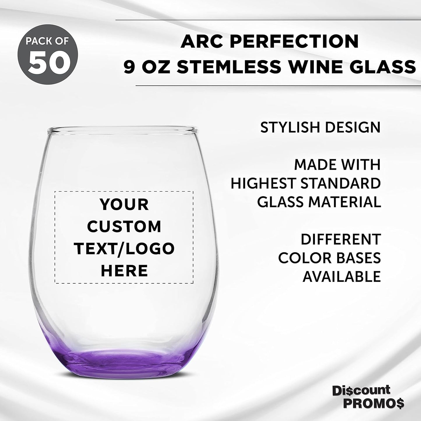 Custom Stemless Wine Glass 9 oz. Set of 50, Personalized Bulk Pack - Great for Wedding Favors, Bachelorette Party Decorations, Party Favors, Color Bottom - Purple