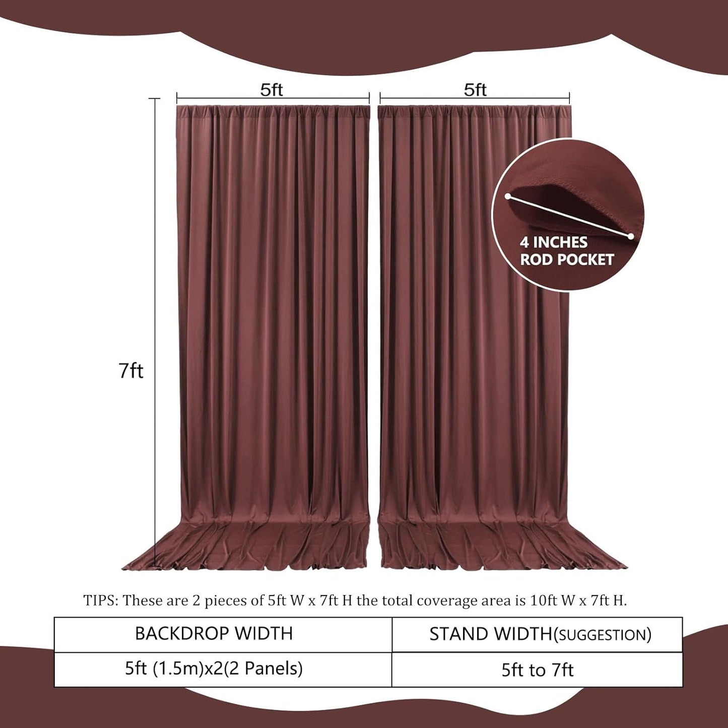 2 Panels Red Brown Backdrop Curtain, 10 x 7 Feet Background Curtains for Parties, Weddings, Baby Showers, Bachelorette Halloween, Christmas Birthday Party Photoshoot Backdrop Curtains Decorations