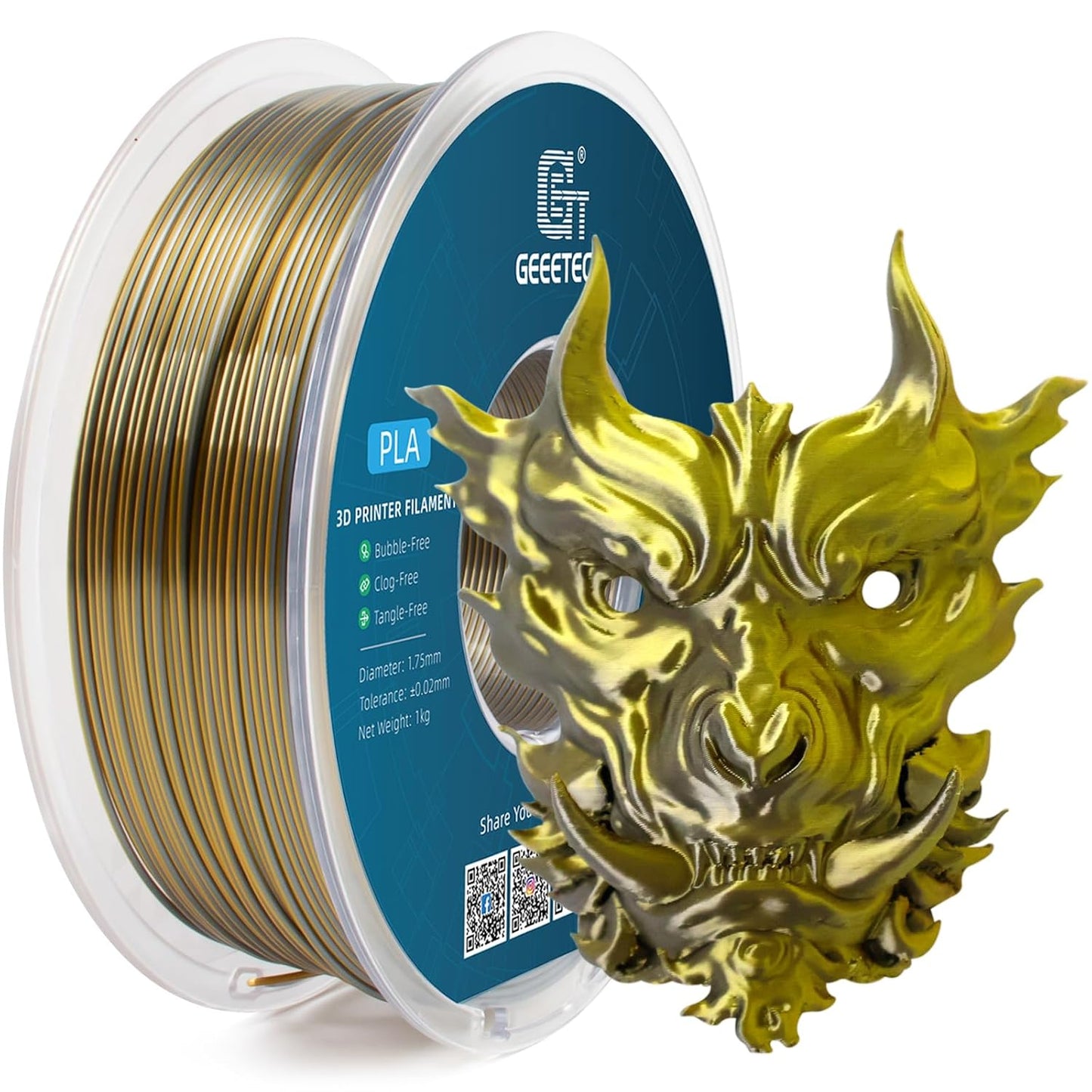 Geeetech Silk PLA Filament 1.75mm Silk Dual Color Filament, Coextrusion Dichromatic Metal-Like Shiny Consumable 1kg (2.2lbs) 1 Spool, Dimensional Accuracy +/- 0.02 mm, Gold Silver