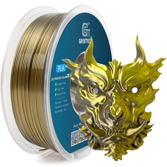 Geeetech Silk PLA Filament 1.75mm Silk Dual Color Filament, Coextrusion Dichromatic Metal-Like Shiny Consumable 1kg (2.2lbs) 1 Spool, Dimensional Accuracy +/- 0.02 mm, Gold Silver