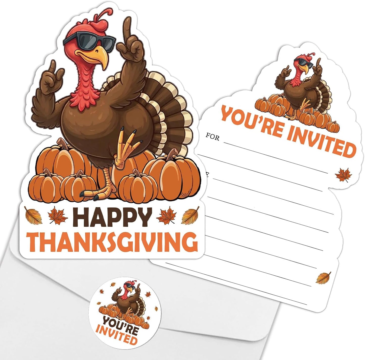 REWIDPARTY 15 Sets Thanksgiving Party Invitations with Envelopes Stickers, Pumpkin Turkey Shaped Fill-in Invitation Cards, Thanksgiving Dinner Invites, Funny Fall Party Supplies for Family Friend