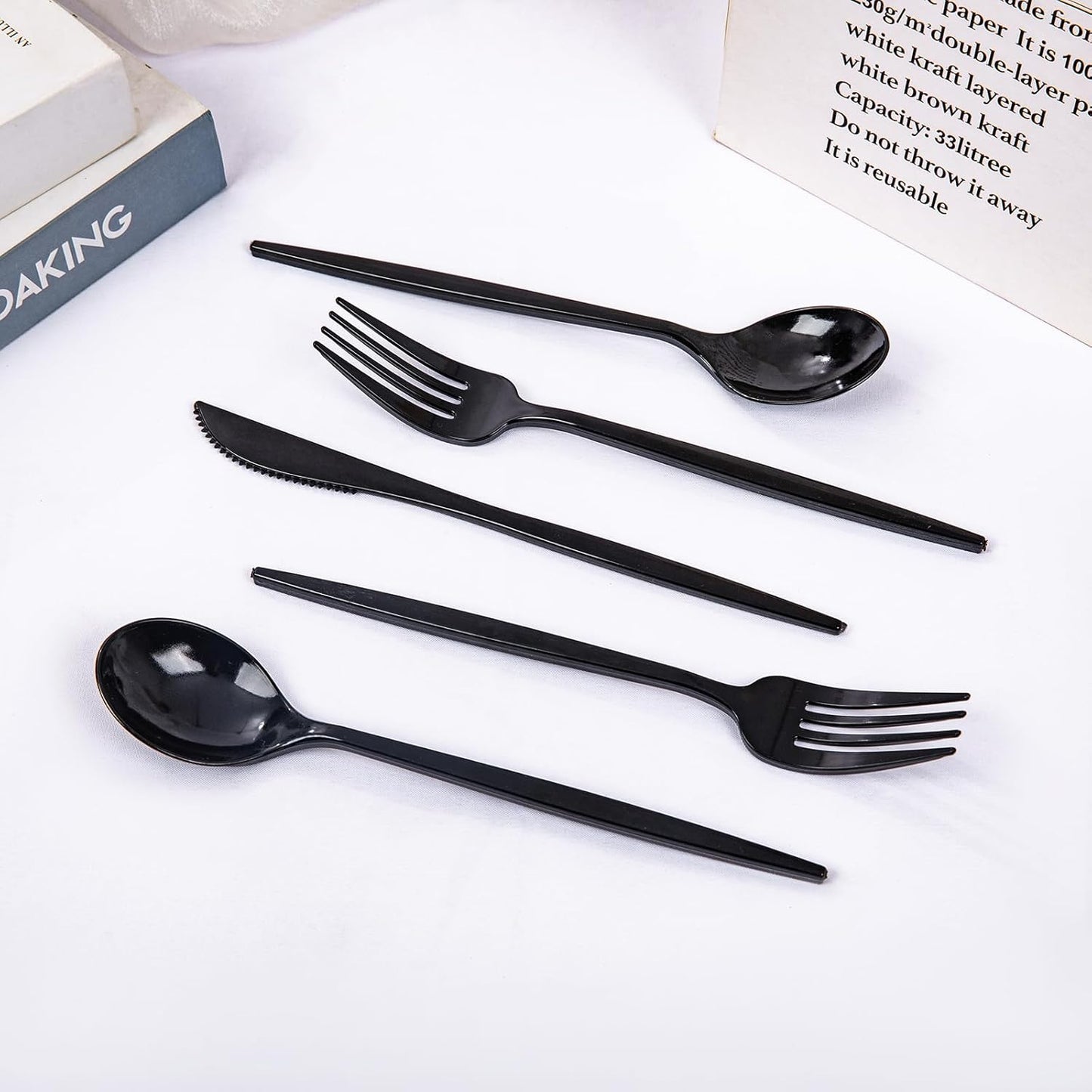 PULOTE 150PCS Black Plastic Silverware Set Disposable - Heavy Duty Black Plastic Cutlery - Black Plastic Utensils Set Include 50 Forks,50 Spoons,50 Knives for Party&New Year