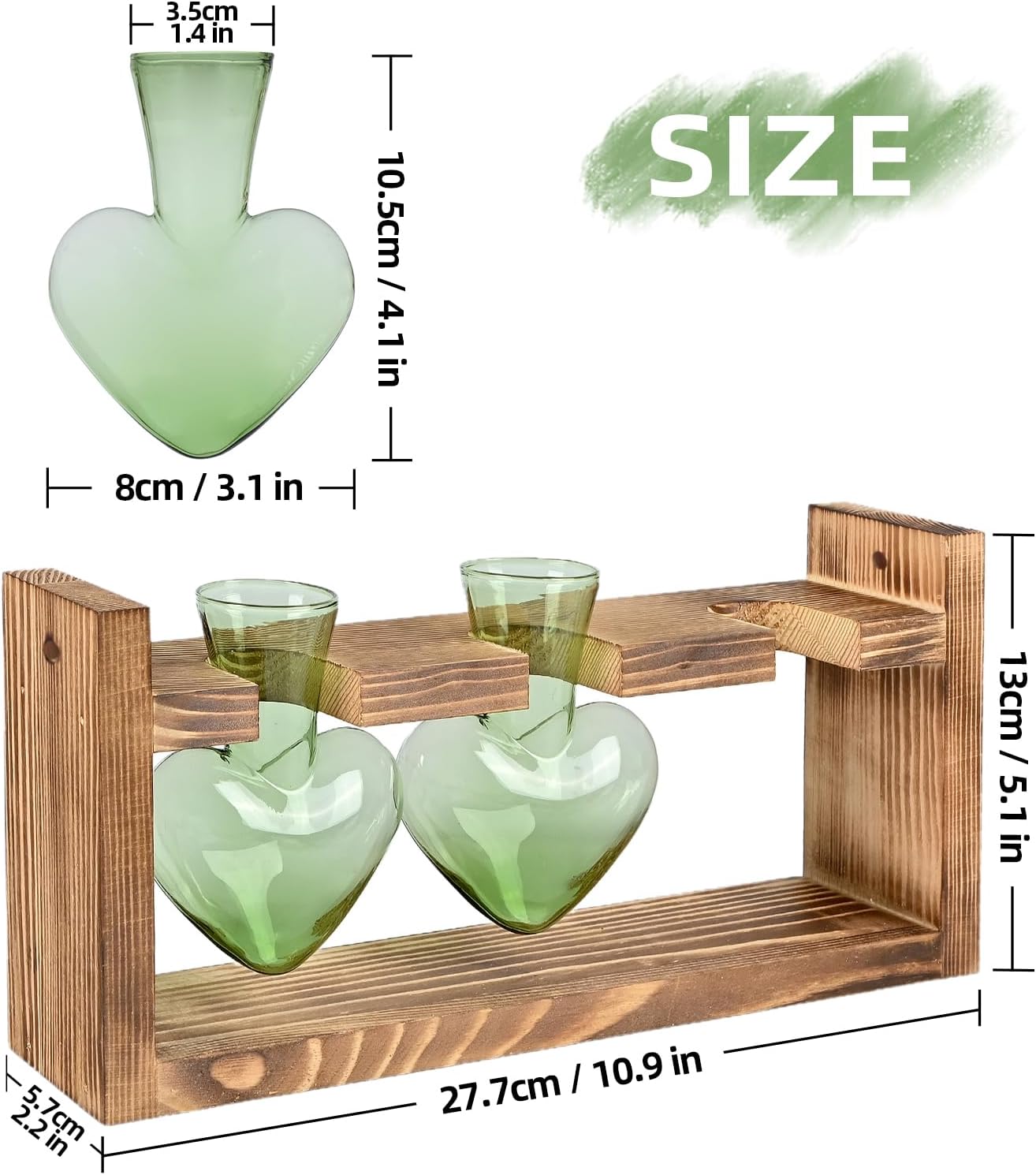 Plant Terrarium Propagation Stations Hydroponics Home Garden Decoration Gift for Women with Wooden Stand Heart Shaped Colored Glass Vase