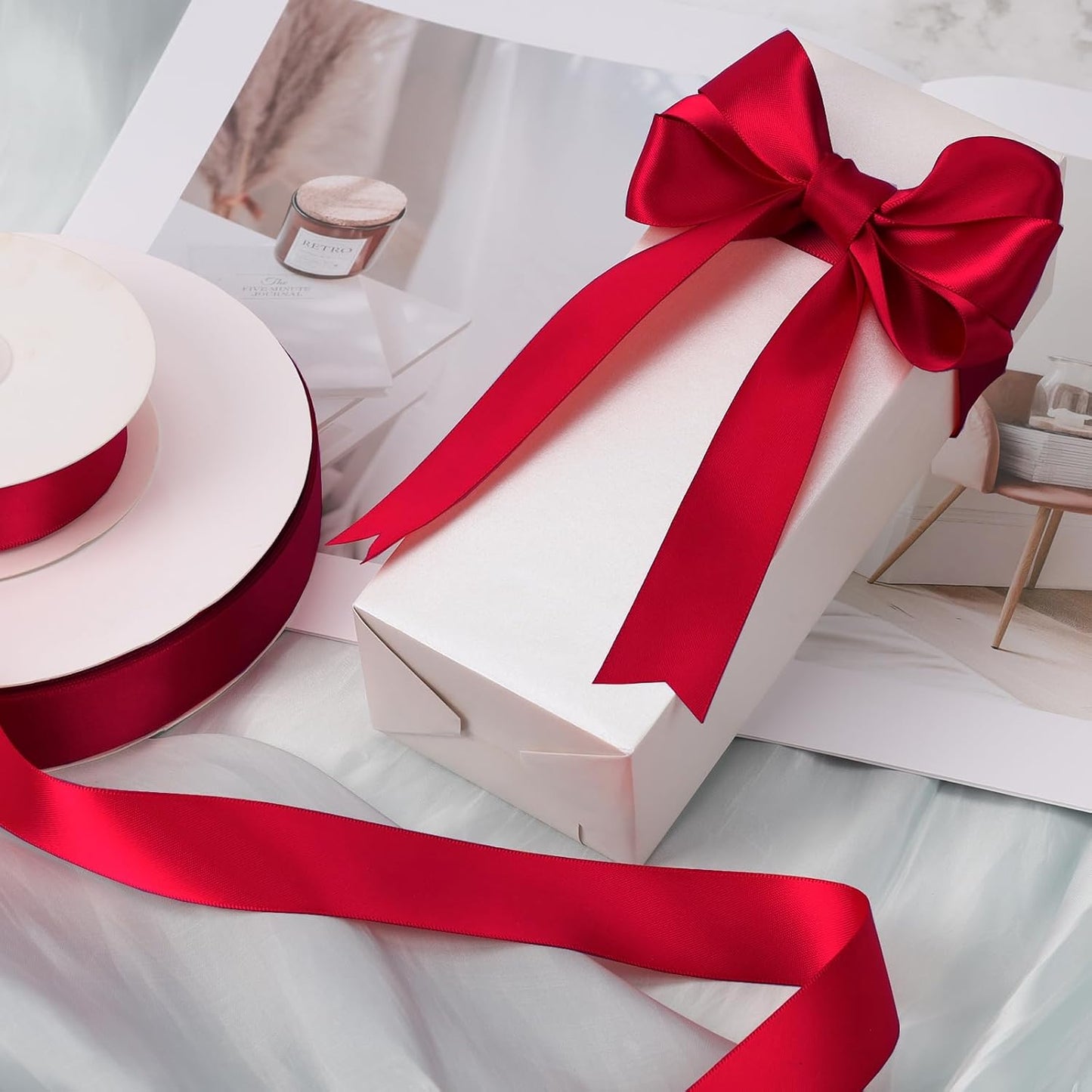 LaRibbons 1 1/2 Inch 25 Yard Double Faced Satin Ribbon,Red Satin Craft Fabric Ribbon for Gift Wrapping Floral Bouquets Wedding Party Decoration