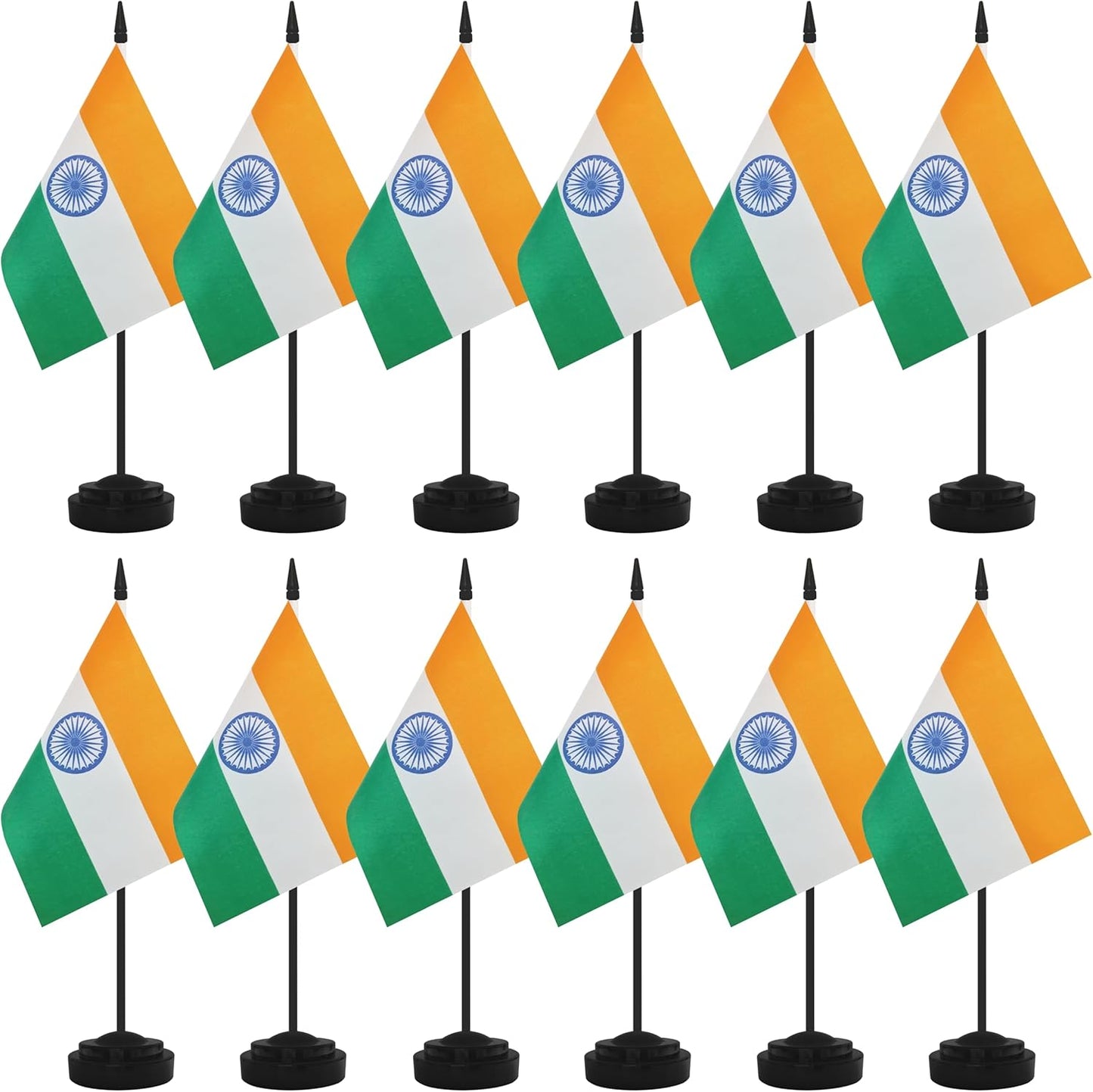 12 Pack India Desk Flags, Indian Desktop Flag, Small Miniature Office Flags with 12" Black Pole and Black Base, Offices, Classroom, Home, Festival Decoration (India)