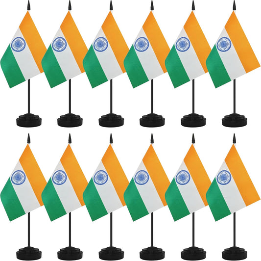 12 Pack India Desk Flags, Indian Desktop Flag, Small Miniature Office Flags with 12" Black Pole and Black Base, Offices, Classroom, Home, Festival Decoration (India)