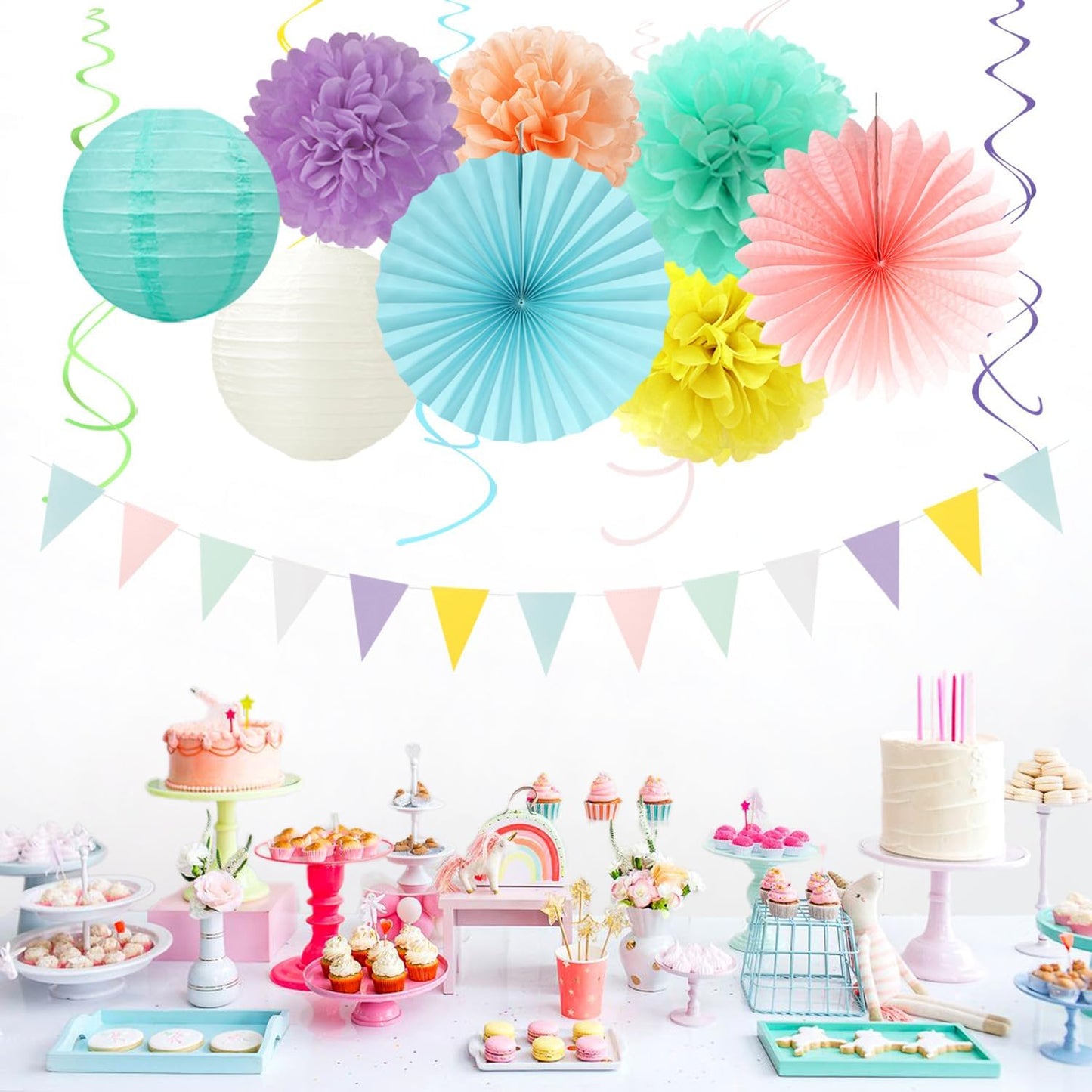 Pastel Rainbow Party-Decorations - 20pcs Pink Yellow Blue Classroom Ceiling Paper Lanterns Fans ,Girl Birthday Tissue Pom Poms,Honeycomb Balls,Bunting,Baby Shower Bridal Wedding Decor Burgleda