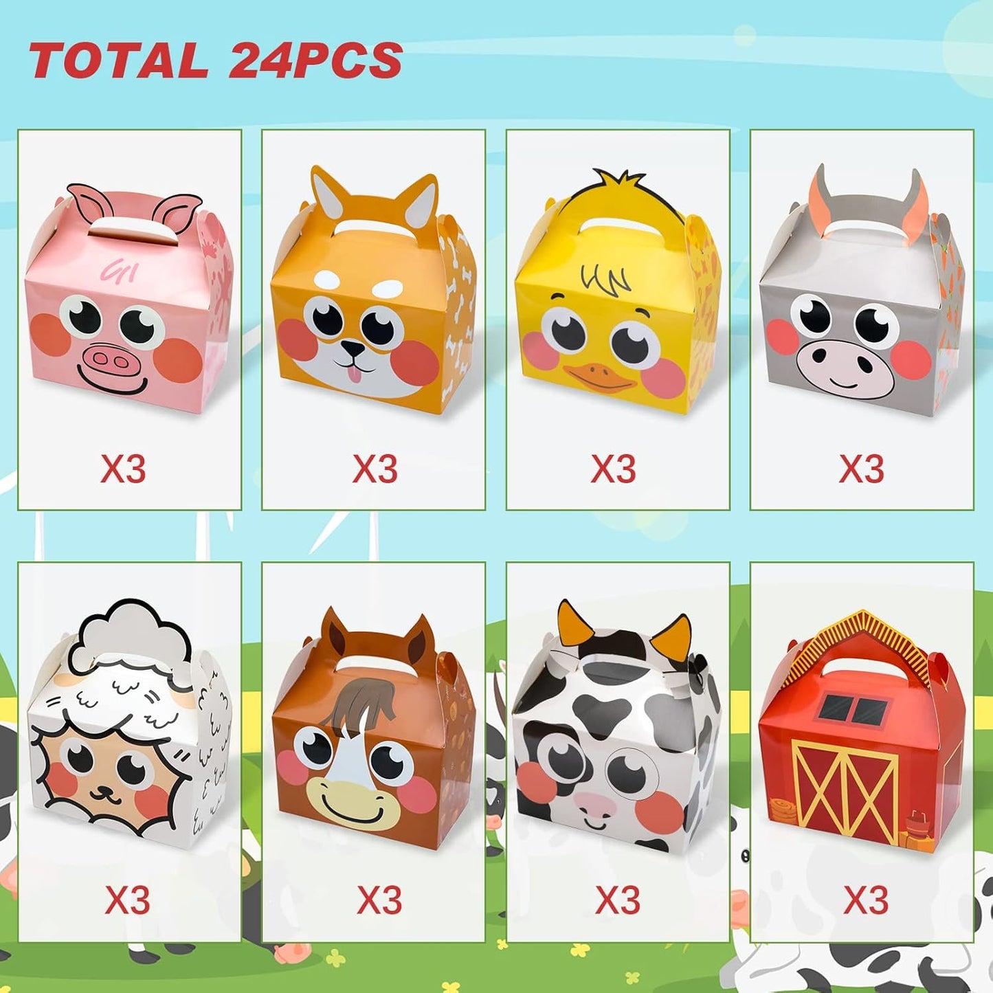 24 Pack Farm Animal Party Favor Boxes, Farmhouse Themed Party Candy Goodie Treat Gift Boxes for Baby Shower Kids Birthday Party Decorations Supplies, 8 Designs