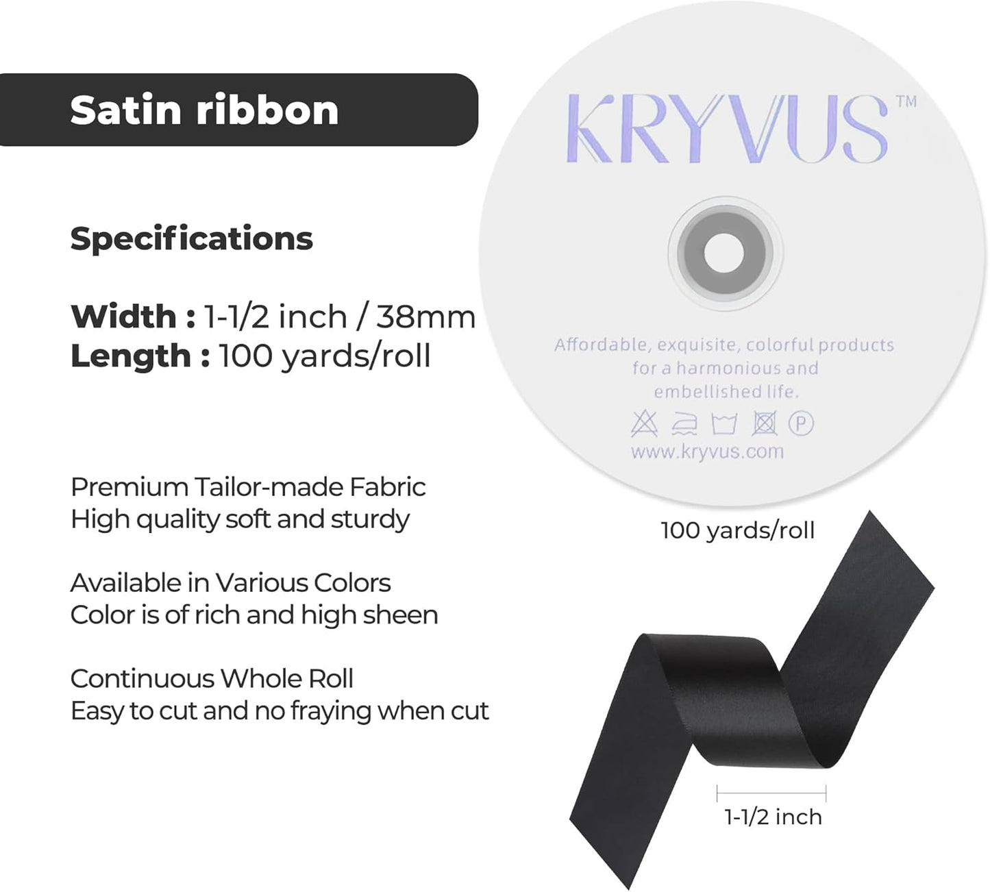 Black Satin Ribbon 1-1/2 inch X Continuous 100 Yards, Single Face Polyester Ribbon Perfect for Gift Wrapping, Flower Bouquet, Wedding Decor, Crafts, Bow Making, Sewing and More
