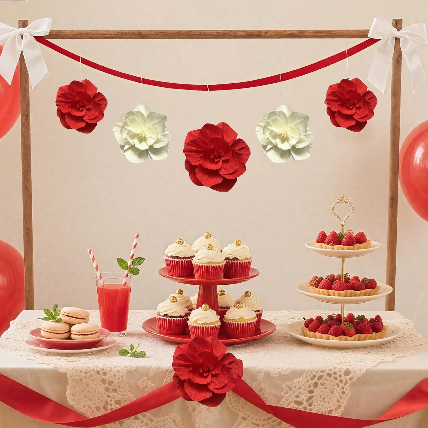 BRT Bearingshui Crepe Paper Flowers Decoration for Wall Total 9 Pcs, Artificial Flowers Backdrop for Wedding Decor Baby Bridal Shower Birthday Party, Red Beige 3D Wall Flowers Decor