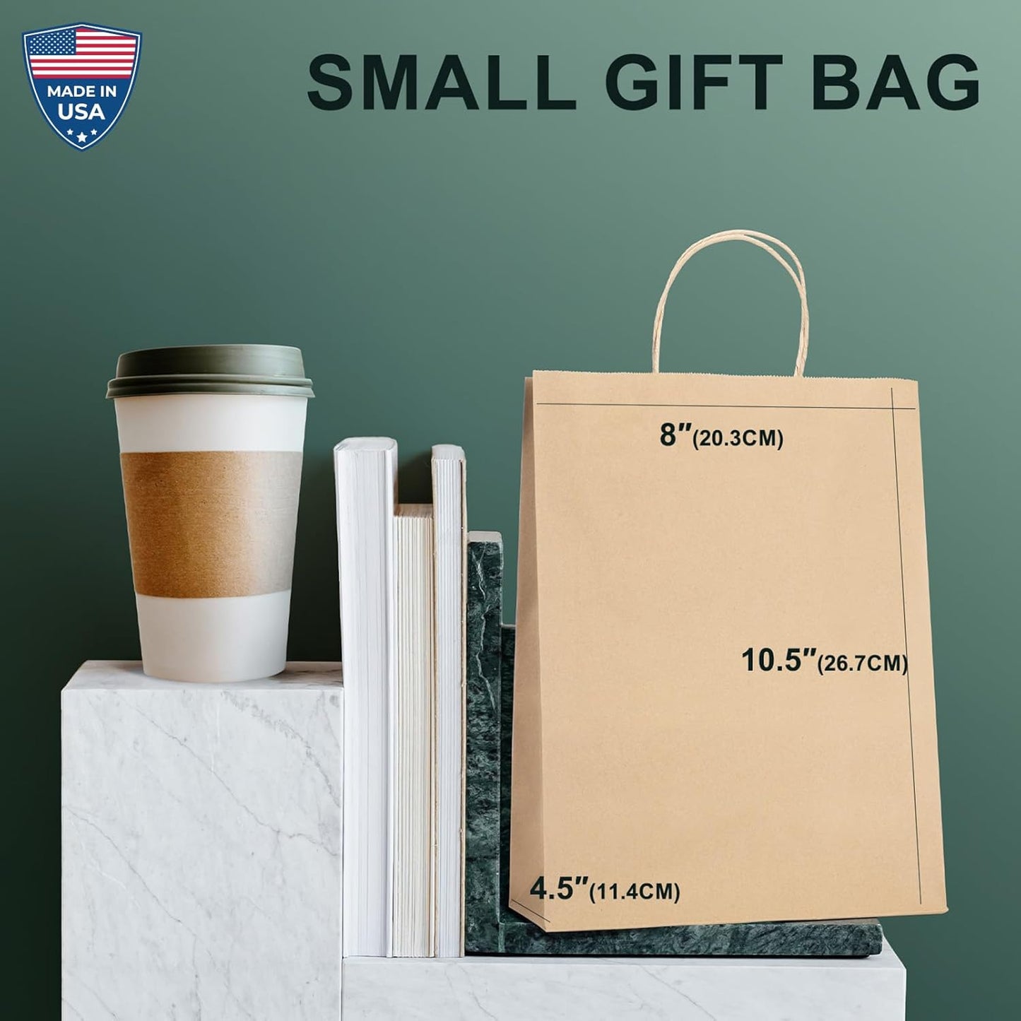 METRONIC Paper Gift Bags 8x4.25x10.5 100Pcs Brown Paper Bags with Handles Bulk, Kraft Paper Bag for Small Business, Birthday Wedding Party Favor, Christmas, Retail shopping Bag, Made in USA