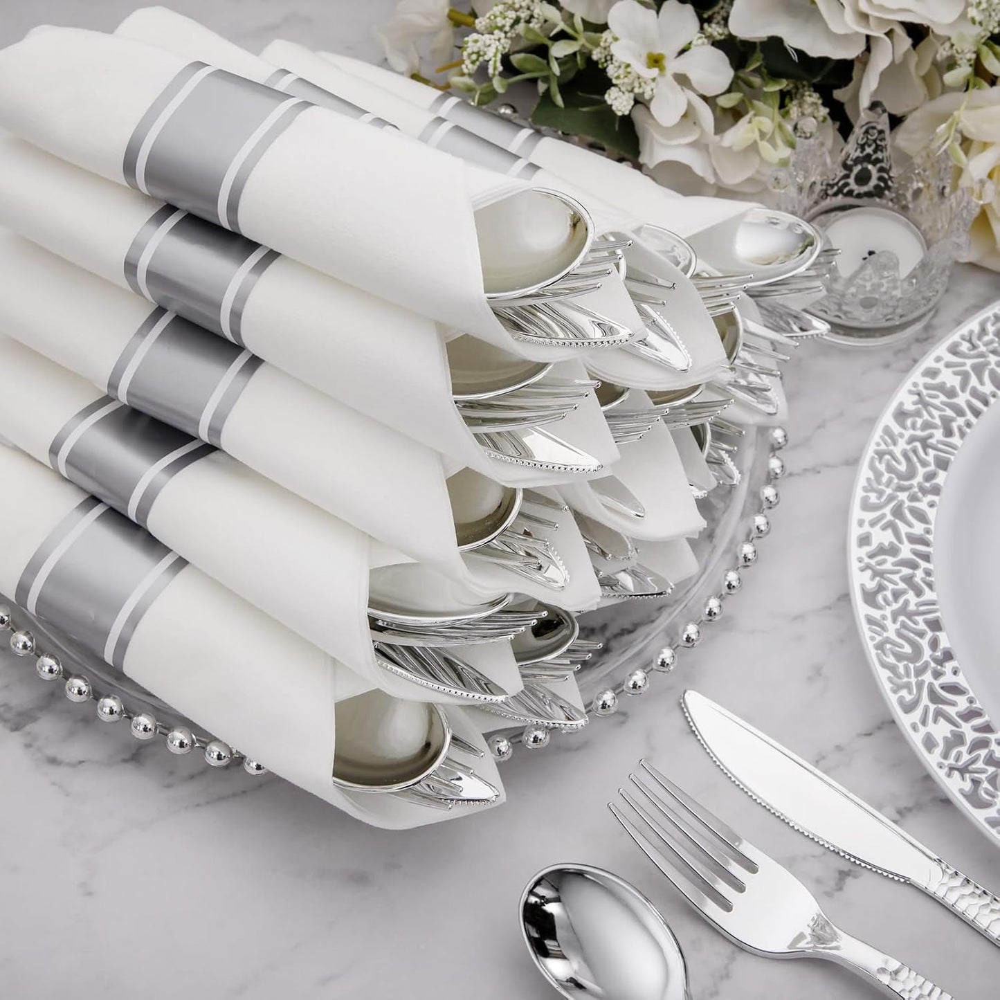 Supernal 60 Pack Pre-Rolled Silver Plastic Cutlery Heavy Duty Wrapped Silverware Disposable Premium Silver Plastic Silverware Forks and Spoons for Halloween Thanksgiving Christmas
