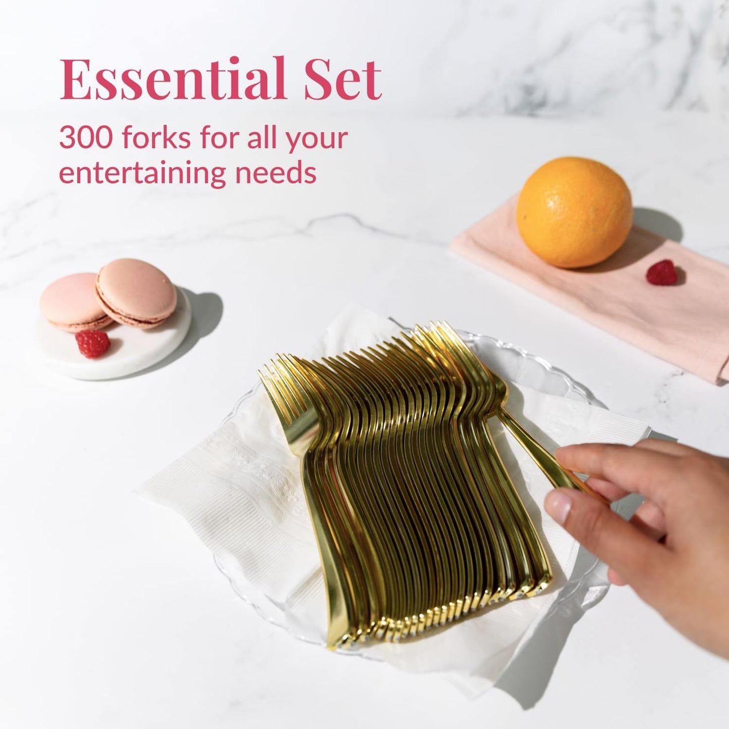 Prestee Set of 300 Gold Plastic Forks Disposable - 7-in Heavy-Duty Fork Flatware - Bulk Pack Fancy Silverware - Sturdy Elegant Cutlery for Weddings, Birthday Parties, Buffets, Catering, and Events