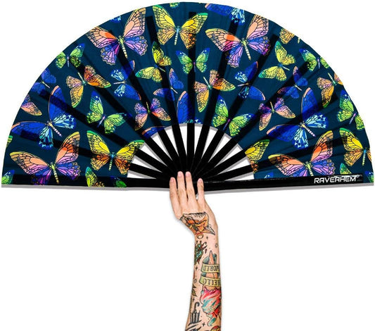 UV Glow Rave Fan, Bamboo Folding Clack Hand Fans Foldable for Men Women, Boots on the Ground Poping Fan for EDM Festival Line Dance Decoration, (Butterfly-1, Large 13")