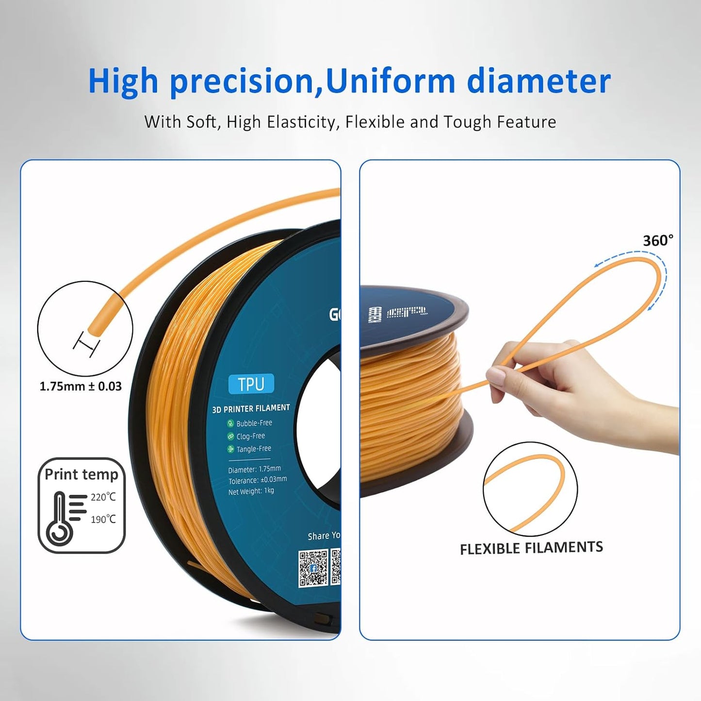 Geeetech TPU Filament 1.75mm, Shore 95A – Flexible 3D Printer Filament with High Elasticity, 1KG (2.2lbs) Spool, Dimensional Accuracy ±0.03mm, Fits Most FDM Printers (Gold)