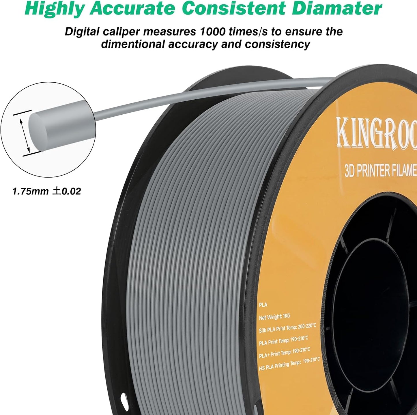 Kingroon PLA Filament 1.75mm 3D Printer Filament Grey Pla Filament 1kg Filament Dimensional Accuracy +/- 0.02mm, Fit Most FDM Printer,Grey-Sliver