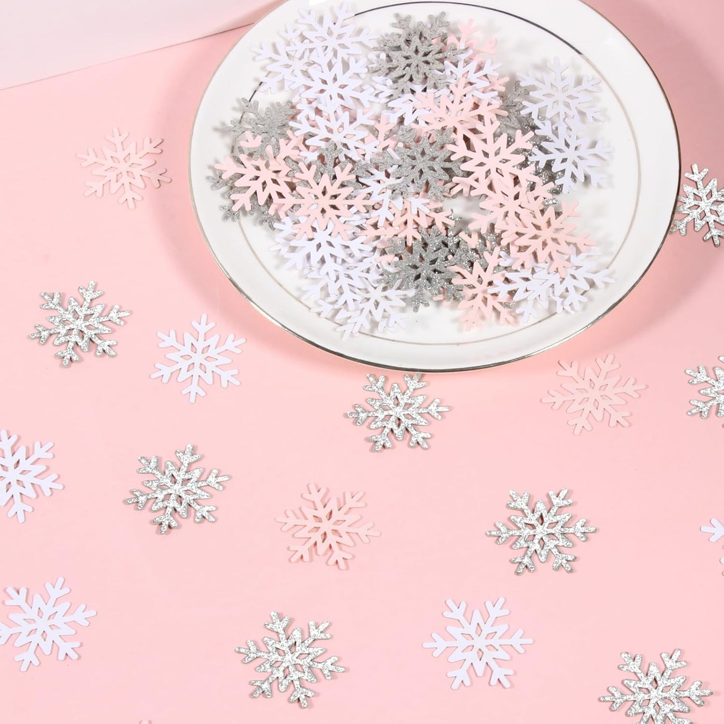 200PC White Pink Silver Snowflake Confetti for Winter Wonderland Decorations Small Snowflakes Table Scatter for Winter Onederland Christmas Birthday Baby Shower Party Table Decor Supplies
