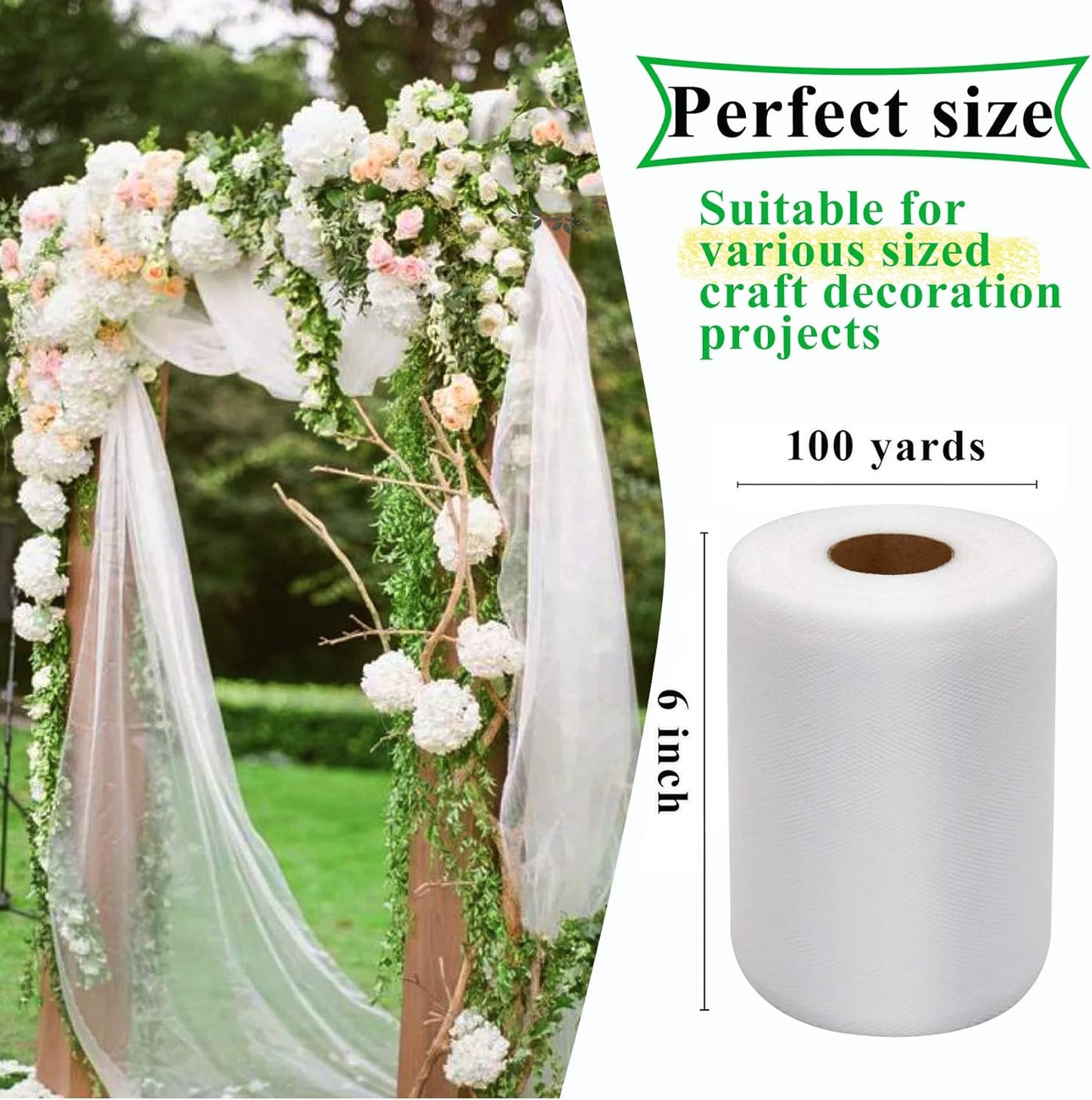 White Tulle Fabric Rolls 6 Inch by 100 Yards (300 feet) Fabric Spool Tulle Ribbon for DIY White Tutu Bow Baby Shower Birthday Party Wedding Decorations Christmas Gift Wrapping Craft Supplies