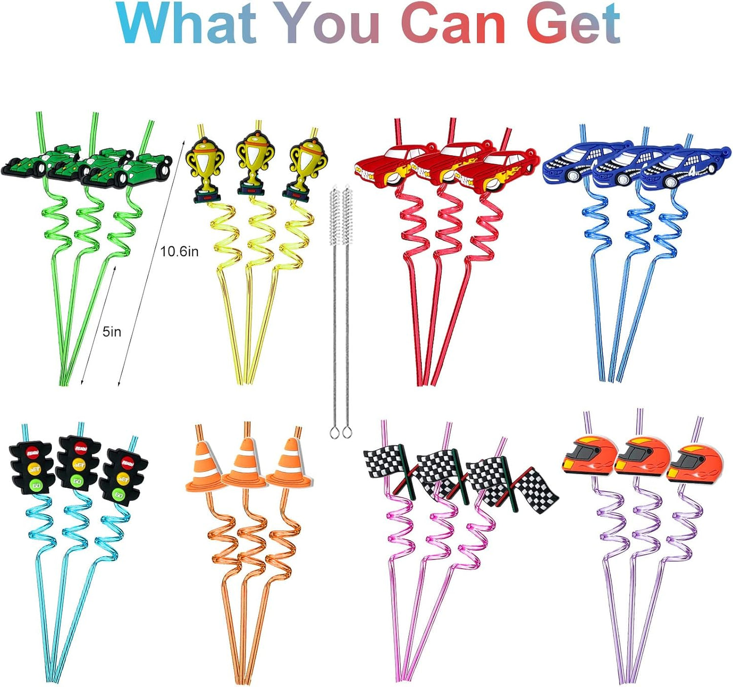 24Pcs Race Car Reusable Straws Party Decorations Birthday Party Supplies Drink Markers with 2Pcs Cleaning Brushes