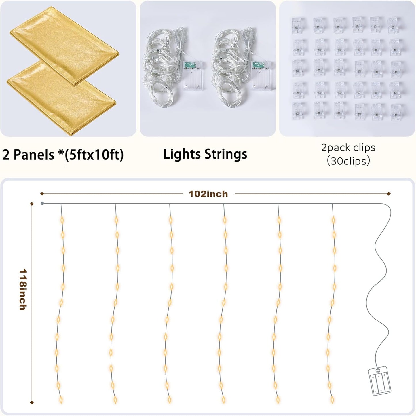 10x10 ft Gold Sequin Backdrop Curtain with Lights for Parties, Wrinkle Free Glitter Photo Backdrop Drapes Shimmer Back Drop Cloth with Light Strings for Wedding Birthday Photography Background