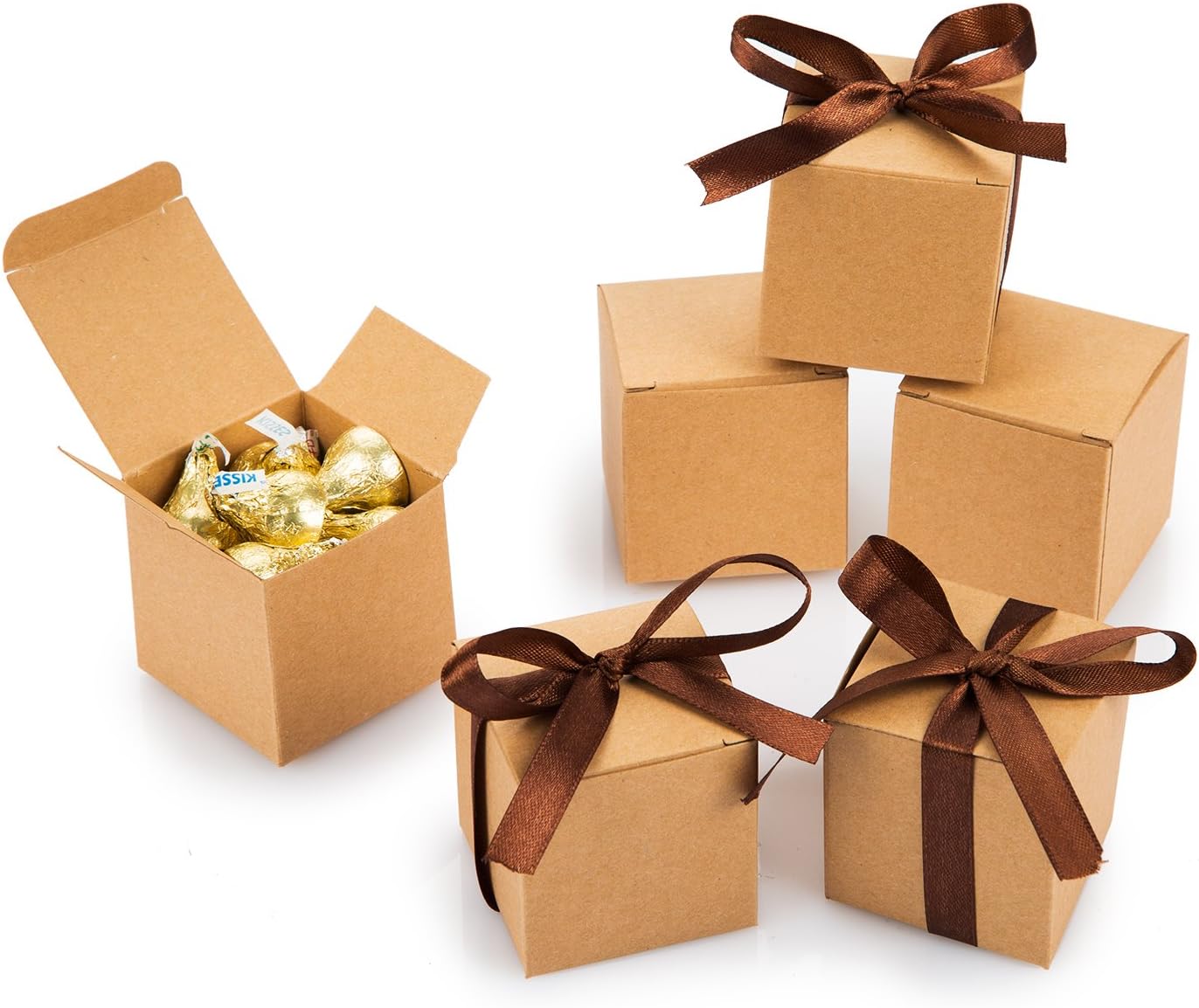 AWELL Kraft Gift Candy Box Bulk 2x2x2 inches with Brown Ribbon Party Favor Box,Pack of 50