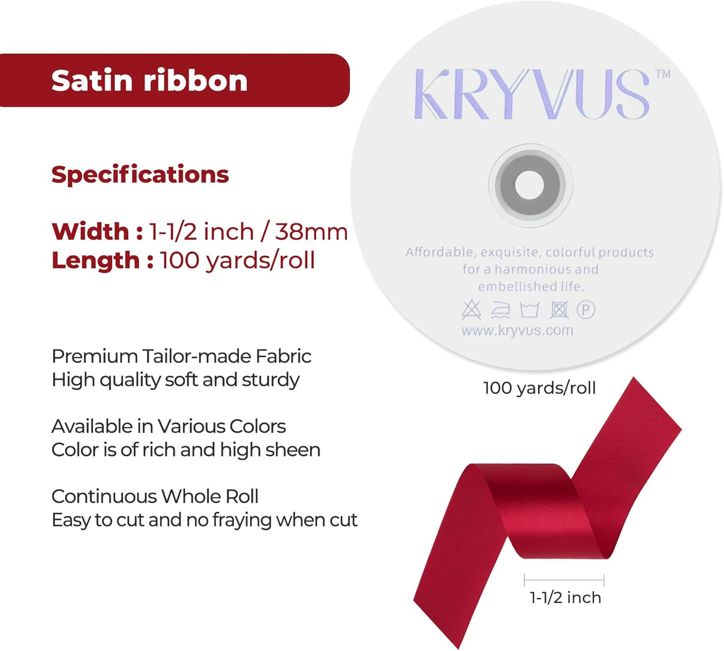 Scarlet Red Satin Ribbon 1-1/2 inch X Continuous 100 Yards, Single Face Polyester Ribbon Perfect for Gift Wrapping, Flower Bouquet, Wedding Decor, Crafts, Bow Making, Sewing and More