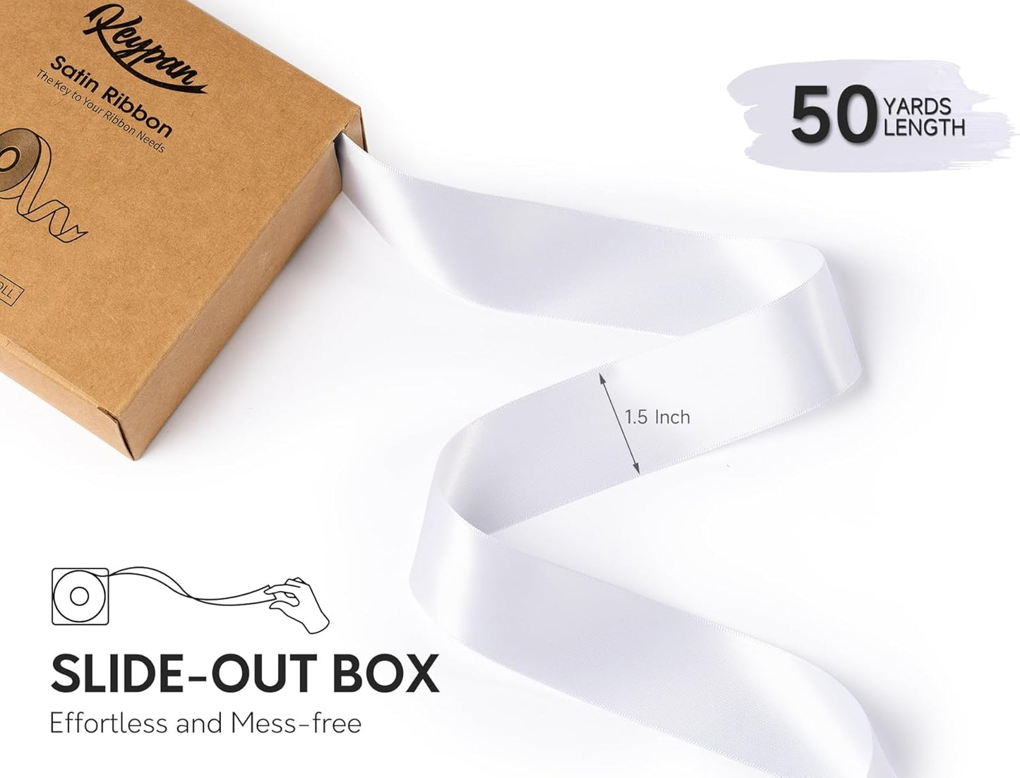 White Satin Ribbon 1-1/2 Inch x 50 Yards Double-Faced Hair Ribbons for Flower Bouquet Wrapping Paper Bows Gift Wedding Invitations Crafts