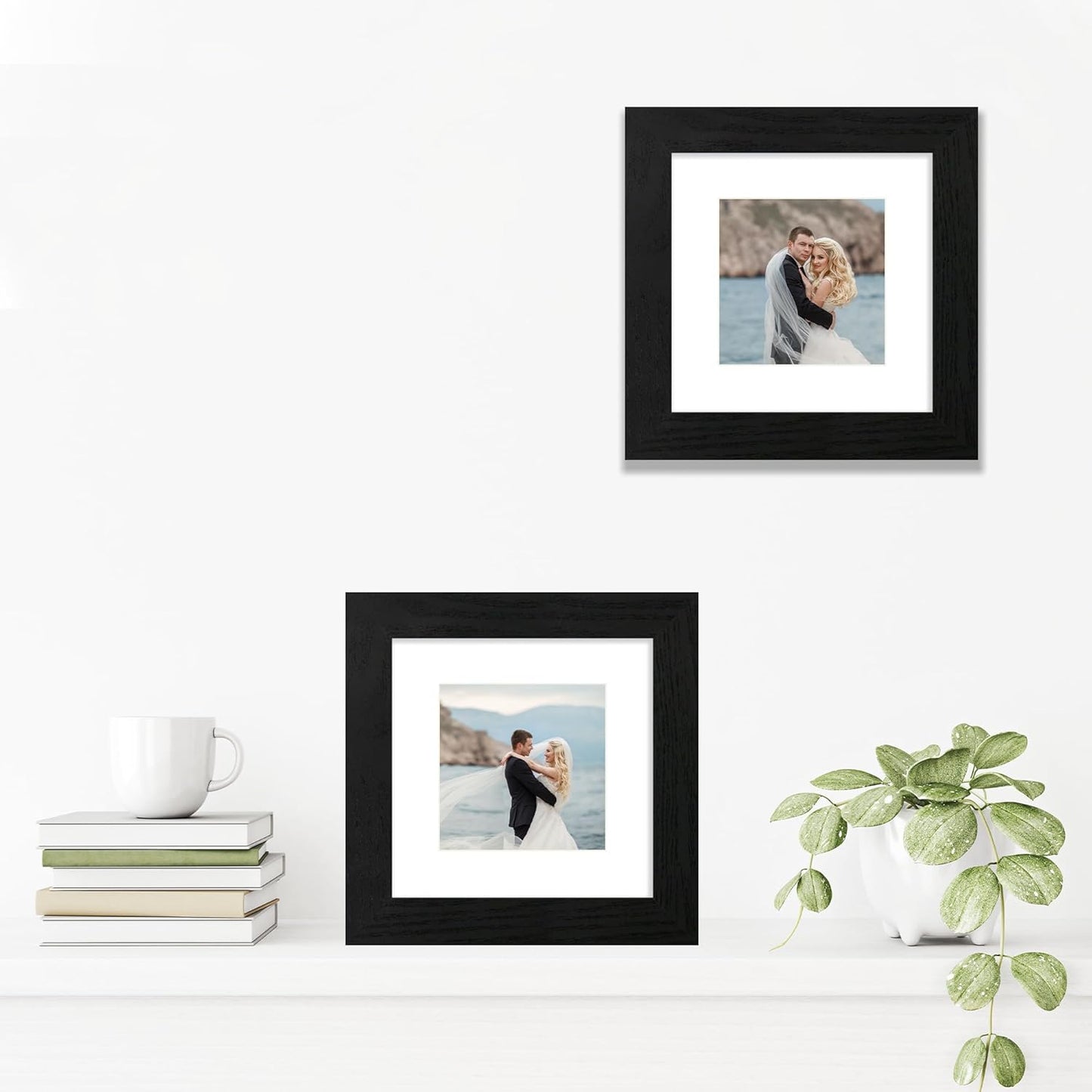 6x6 Picture Frame Set of 4 with High Definition Glass, Black Frames Display 4x4 Picture with Mat or 6 x 6 Without Mat, Square Wood Photo Frame for Wall Mount and Tabletop Display