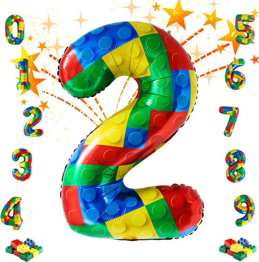 32 Inch Stackable Block Number Balloon – Colorful Brick Building Themed Big Helium Digits for Kids Birthday Party Decorations (Building Block, Number 2)