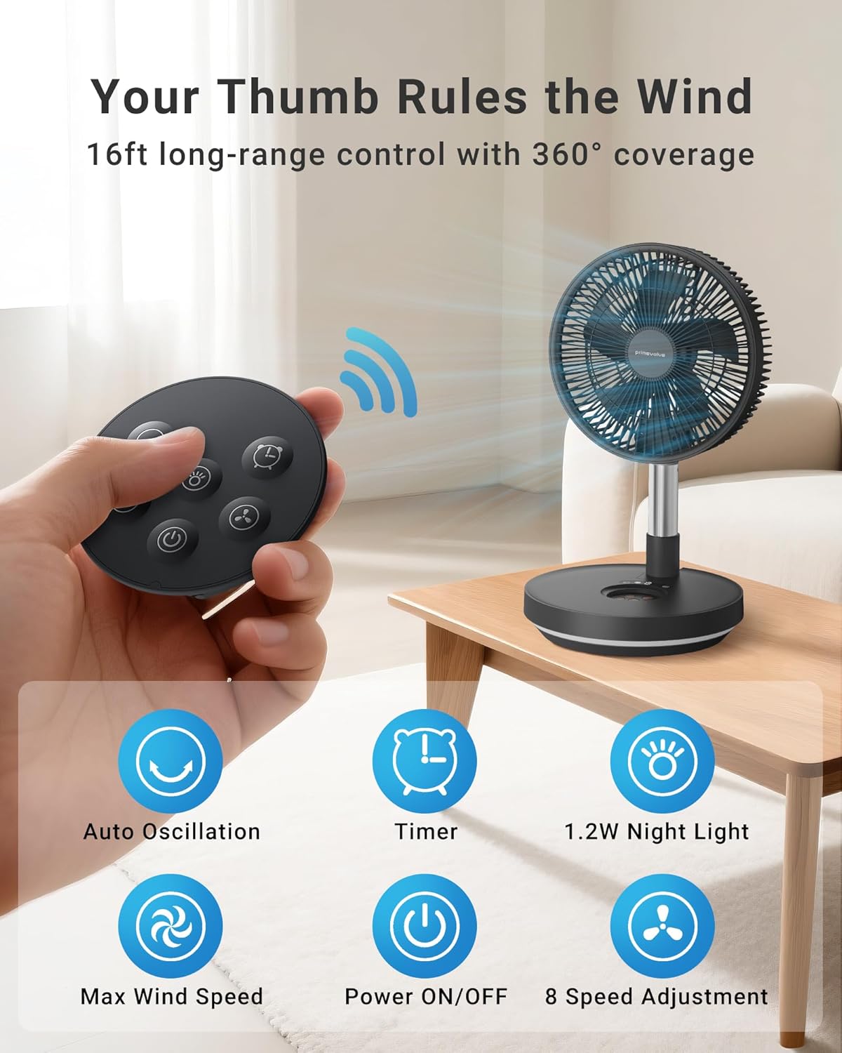 Primevolve Portable Rechargeable Oscillating Fan, Battery Operated Fan Adjustable Height, USB Home Office Outdoor Camping Travel, Dark Gray 10"