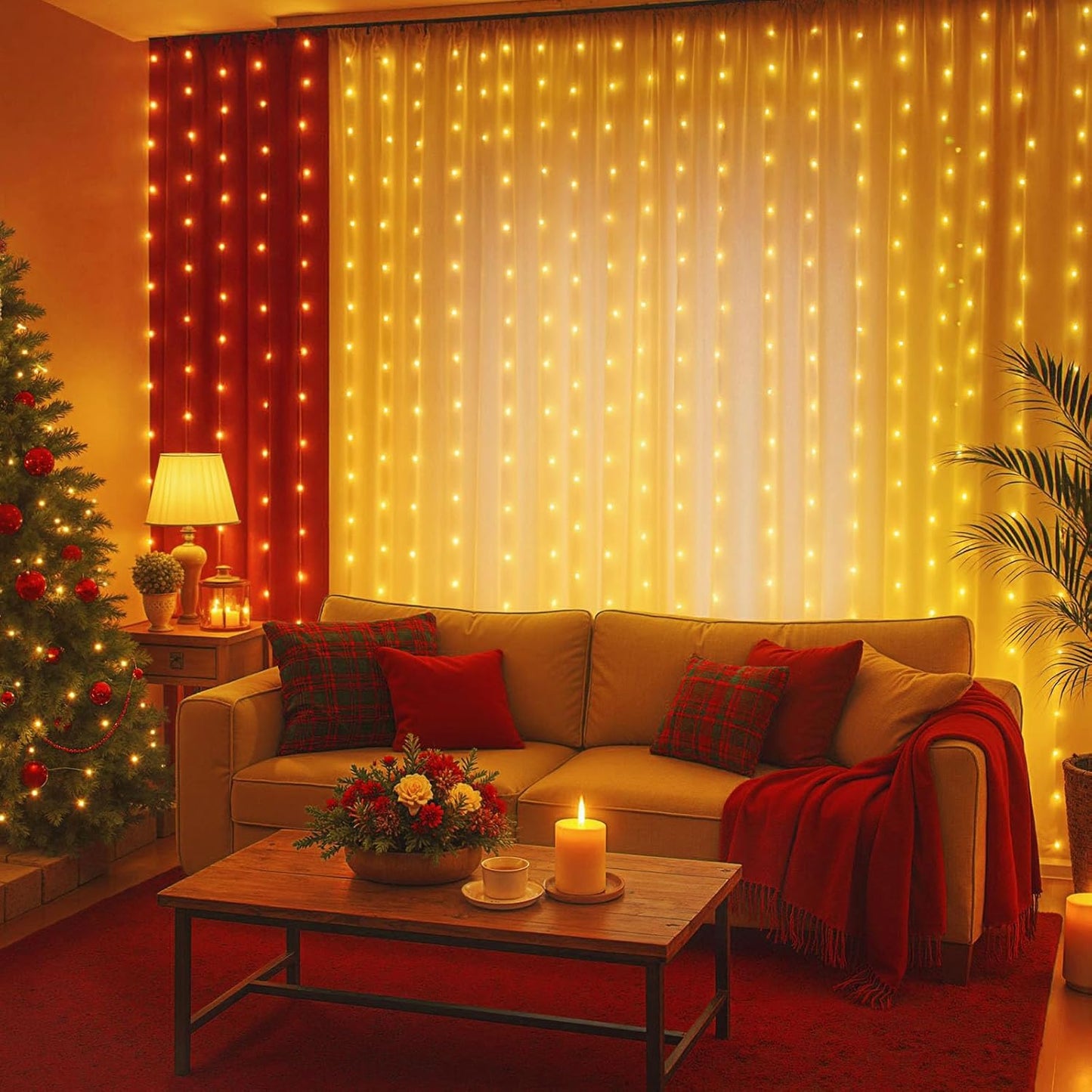 DomeStar 300 LED Curtain Lights for Bedroom, 9.8 x 9.8 FT Battery Operated Lights with 8 Modes Remote Christmas Hanging Wall Window Garden Decor (Warm White)