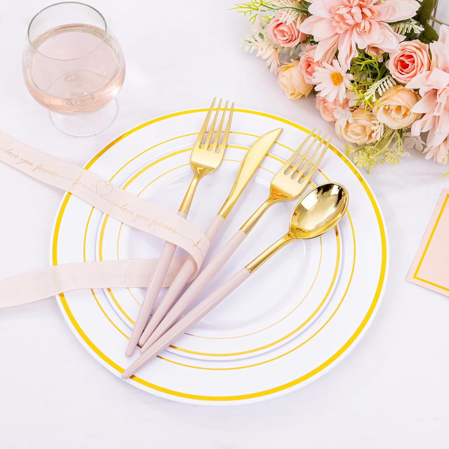 SUT 160Pcs Pink and Gold Plastic Silverware, Heavy Duty Plastic Silverware, Valentines Plastic Utensils, 80 Plastic Forks, 40 Knives, 40 Spoons, Disposable Cutlery for Parties, Valentines(Pink Gold)