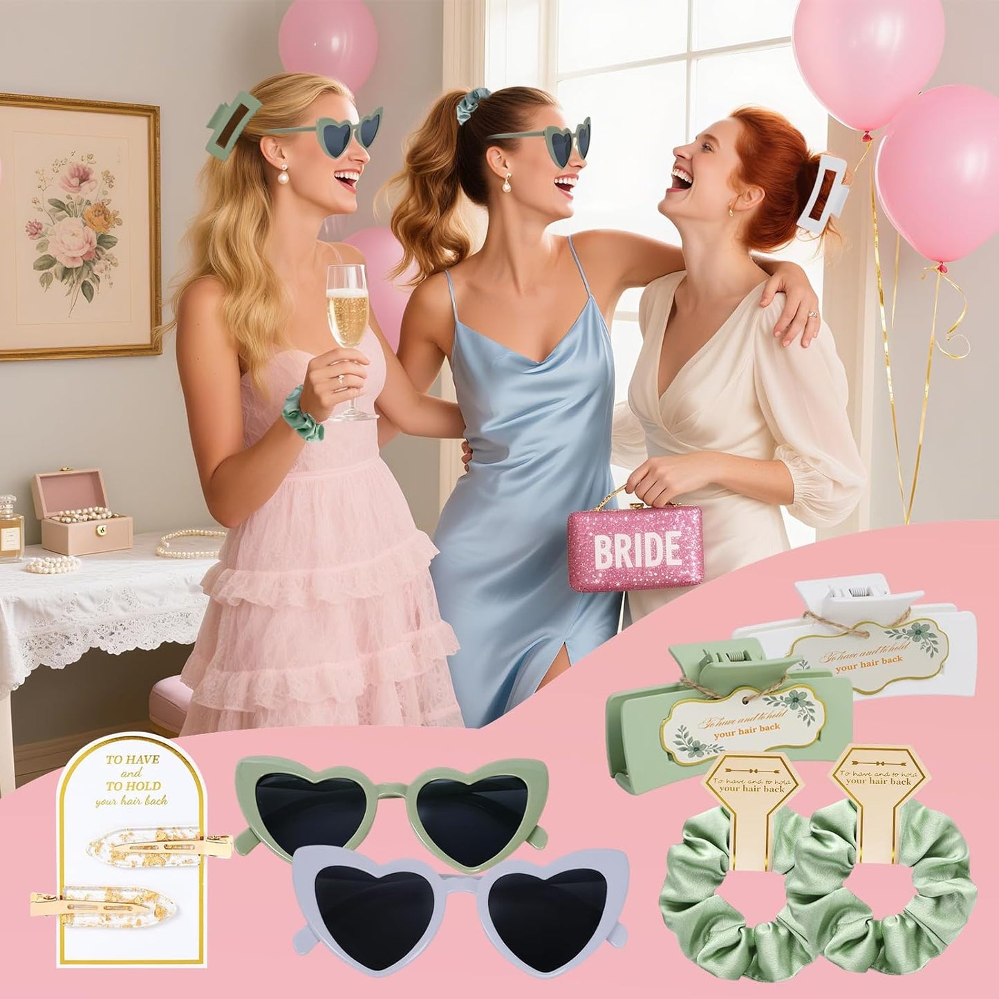 Sage Green Bridesmaid Gifts for Proposal, 8PCS Girls Gift Set with Hair Claws, Scrunchies, Makeup Clips & Heart Sunglasses, Wedding Bachelorette Party Favors, Birthday Gifts for Women Teens