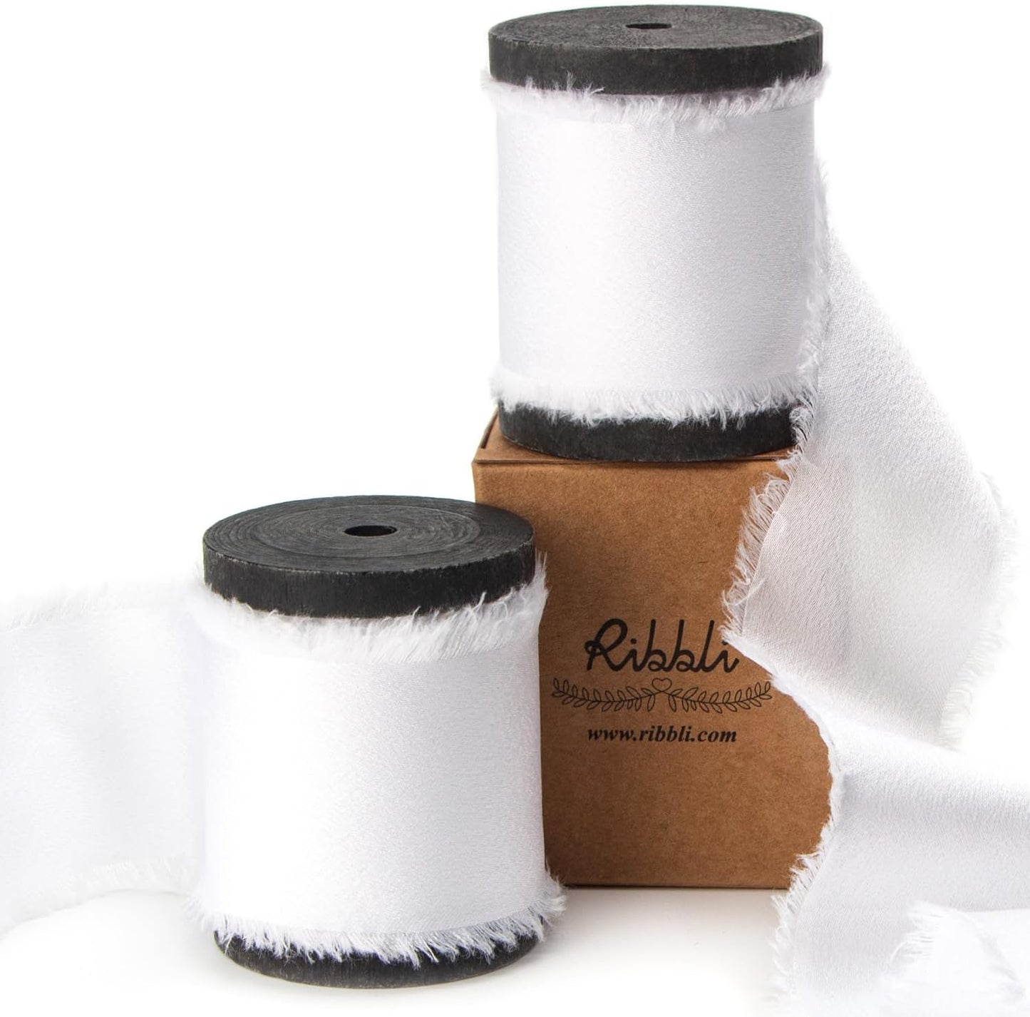 Ribbli White Silk Satin Ribbon 1.5 Inch x 12 Yard Handmade Frayed Chiffon Ribbon with Wooden Spool for Gift Wrapping, Wedding Invitations, Bridal Bouquets, Home Decor