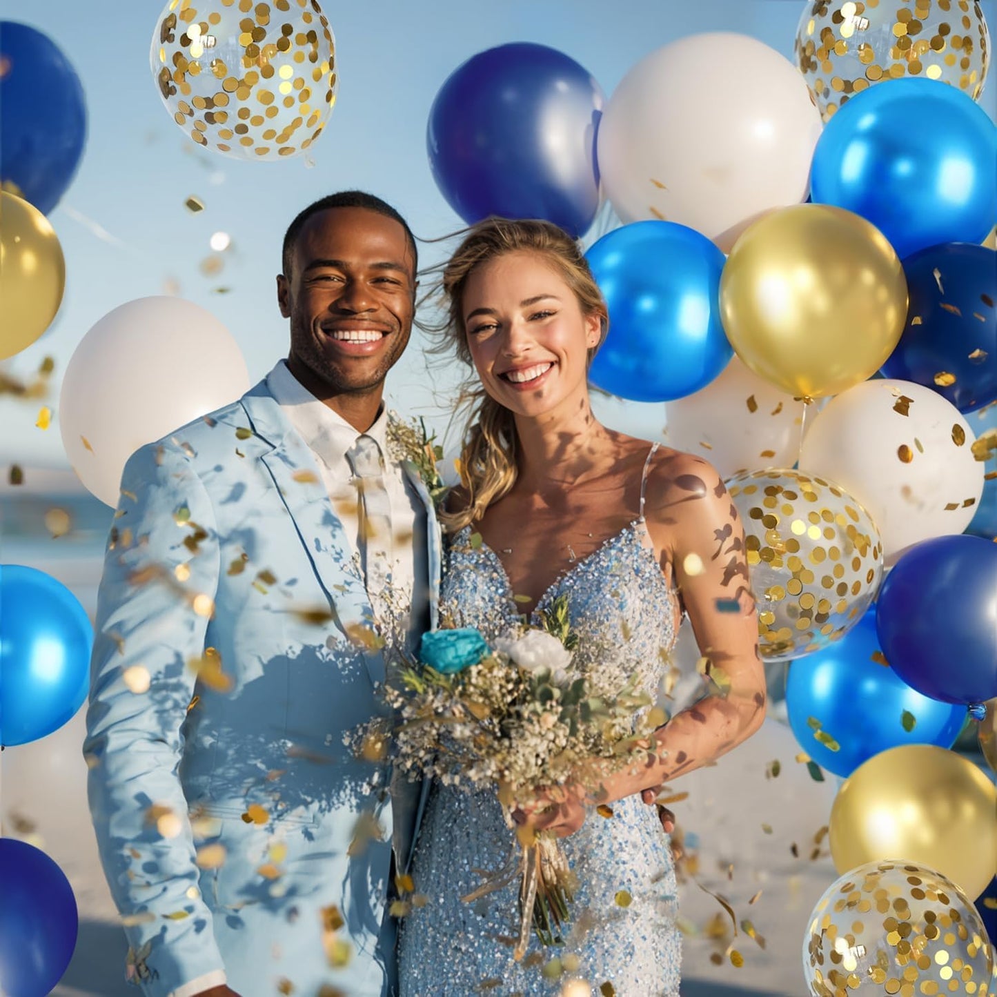 Navy Blue and Gold Confetti Balloons, 50pcs 12 Inch Metallic Blue Latex Confetti Balloons Matte White Latex Balloons with 33 Feet String for Birthday Wedding Gender Revea Decorations