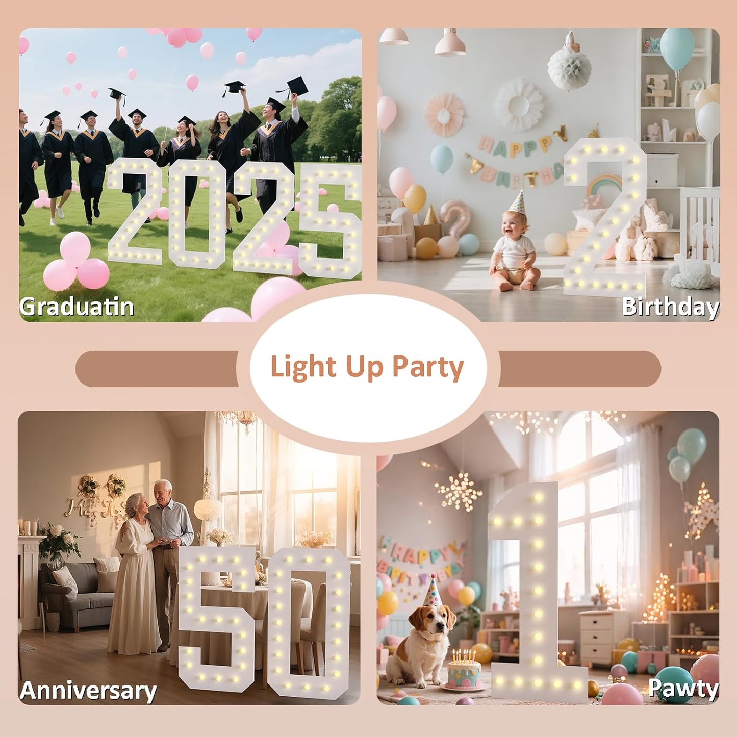 LOBOOM 4FT Light Up Numbers, Marquee Numbers 4 Feet Tall Giant Number 25 Mosaic Big Number Sign for 25th Birthday Party Backdrop Anniversary Decorations, Pre-Cut Large Frame