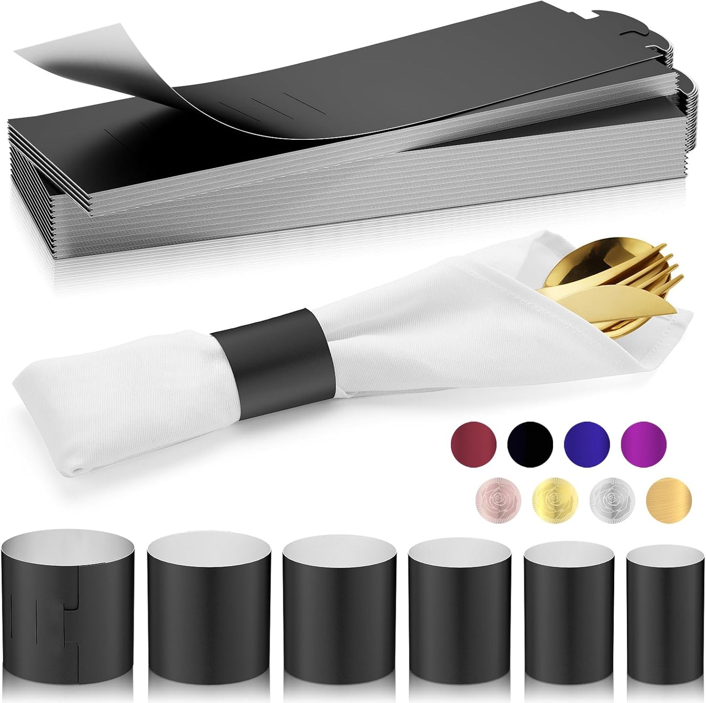 Polymer Material Reusable Napkin Band, Glue-Free Tear-Proof Water Resistant Oil-Proof Napkin Bands Set of 100(Front Black Color and Back White), 6 Adjustable Sizes Napkin Rings