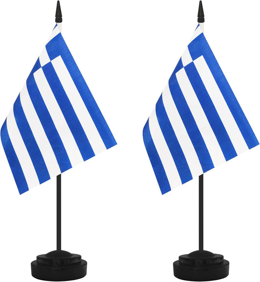 2 Pack Greece Desk Flag Set, Greek Desktop Small Miniature Table Office Flag with 12" Black Pole and Black Base, Offices, Classroom, Home, Festival Decoration (Greece)