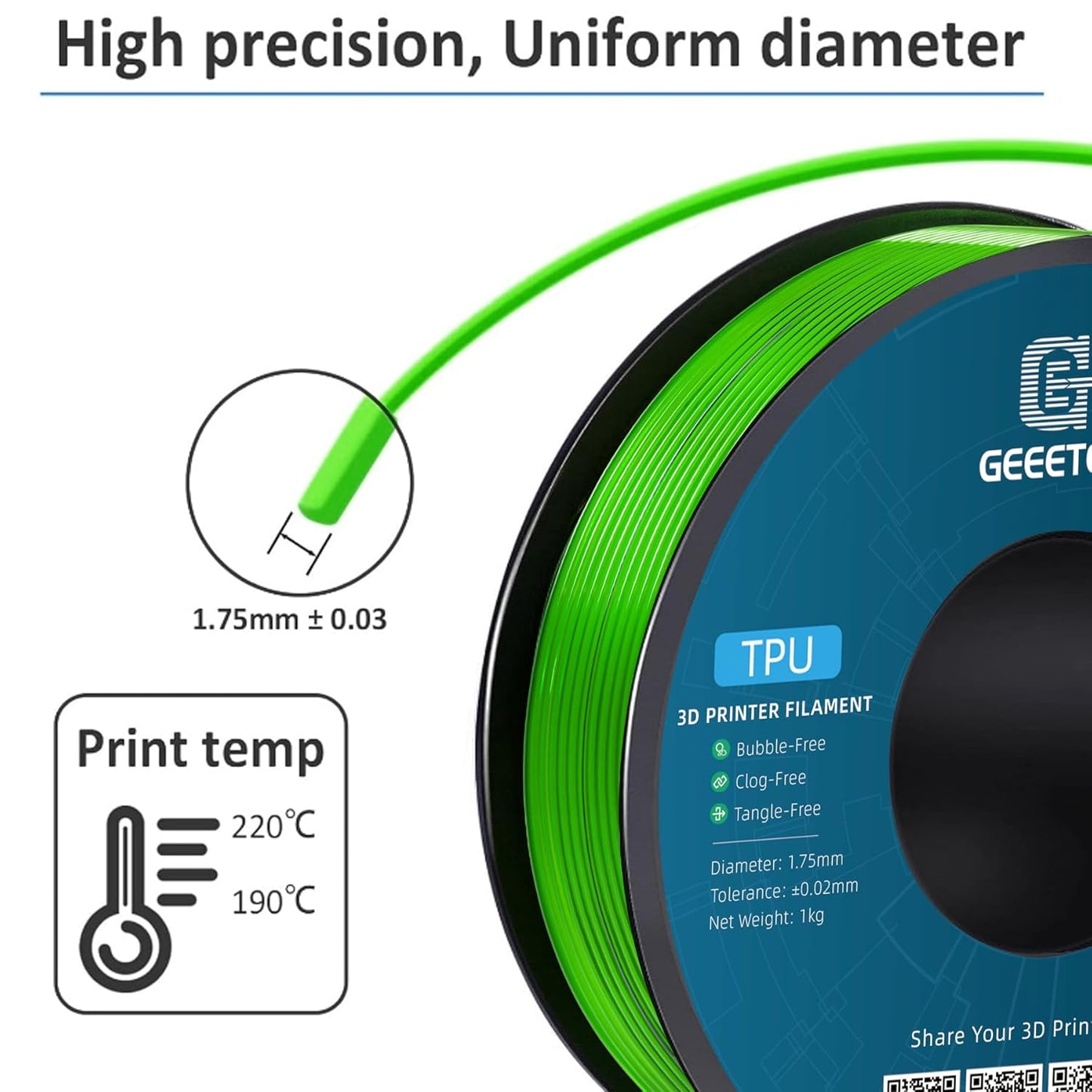 Geeetech TPU Filament 1.75mm, 95A Flexible 3D Printer Filament with High Elasticity, 1KG (2.2lbs) Spool, Dimensional Accuracy ±0.03mm, Fits Most FDM Printers (Clear Green)