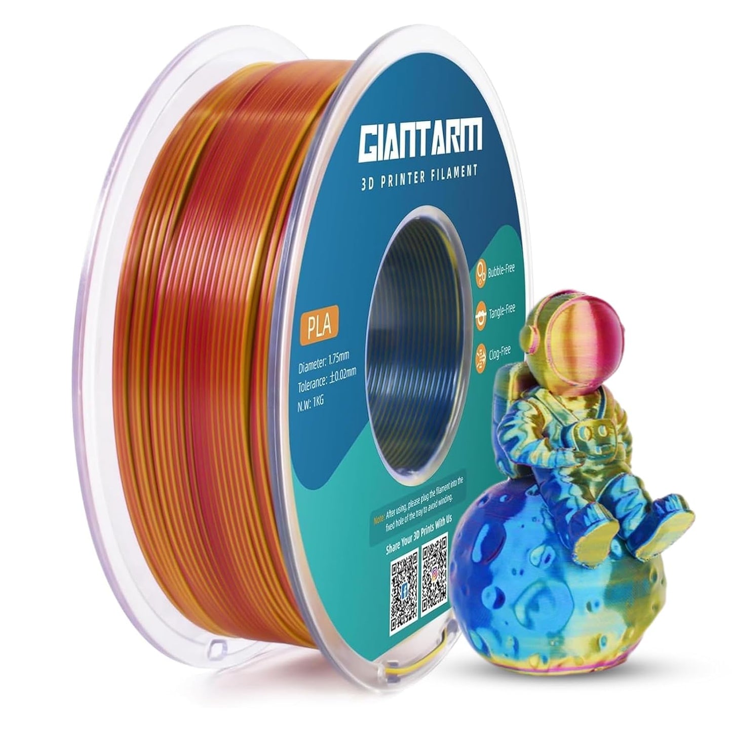 GIANTARM Tri-Colors Silk Pla Filament, 3D Printer Filament 1.75mm +/-0.02mm, 1Kg (2.2lbs) Spool, Vacuum Packaging (Red+Yellow+Blue)