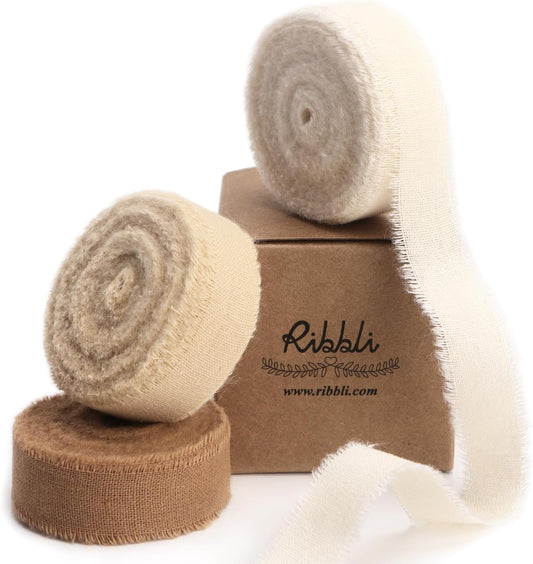 Ribbli 3 Rolls Beige Ribbon 5/8 Inch x 18Yards Ivory Nude Khaki Handmade Cotton Frayed Fringe Ribbons for Gift Wrapping Wedding Invites Bridal Bouquets Baby Shower DIY Crafts Home Decor