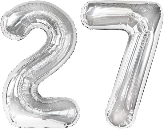 Silver Number 27 Birthday Balloon 40 Inch, Digital Balloons for 27 72 Party Celebration Decorations Supplies, Mylar Foil Numbers Balloon for 27 Wedding Anniversary