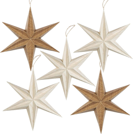 EASY JOY 5 Pcs Wood Grain Paper Star Lanterns 6-Pointed 12 Inch Christmas Hanging Lamp Rustic Paper Decorations Vintage Christmas Home Hanging Decoration for Xmas Tree Wedding Birthday Party Decor