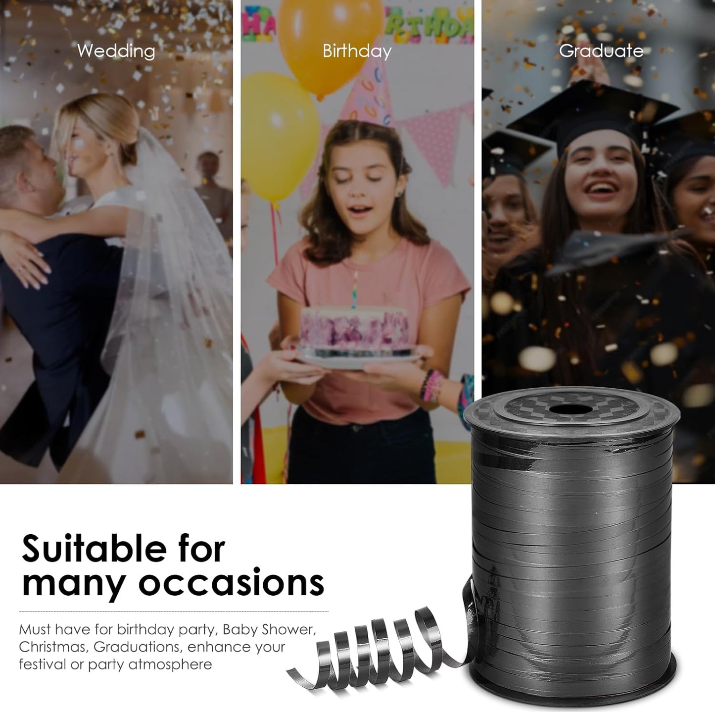 Black Ribbon, 500 Yard Curling Ribbon for Crafts, Shiny Metallic, Iridescent Crimped for Gift Wrapping, Balloons, Florist (1 Roll)