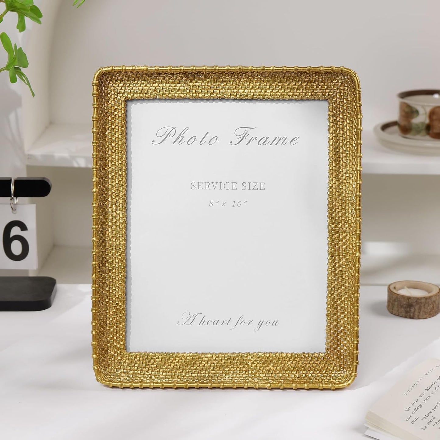Cuspin 8x10 Picture Frame Gold, Vintage Gold Frames Rattan Textured Hand-Crafted Resin Photo Frame with Glass Front for Tabletop Display & Wall Display, Retro Design Home Decor